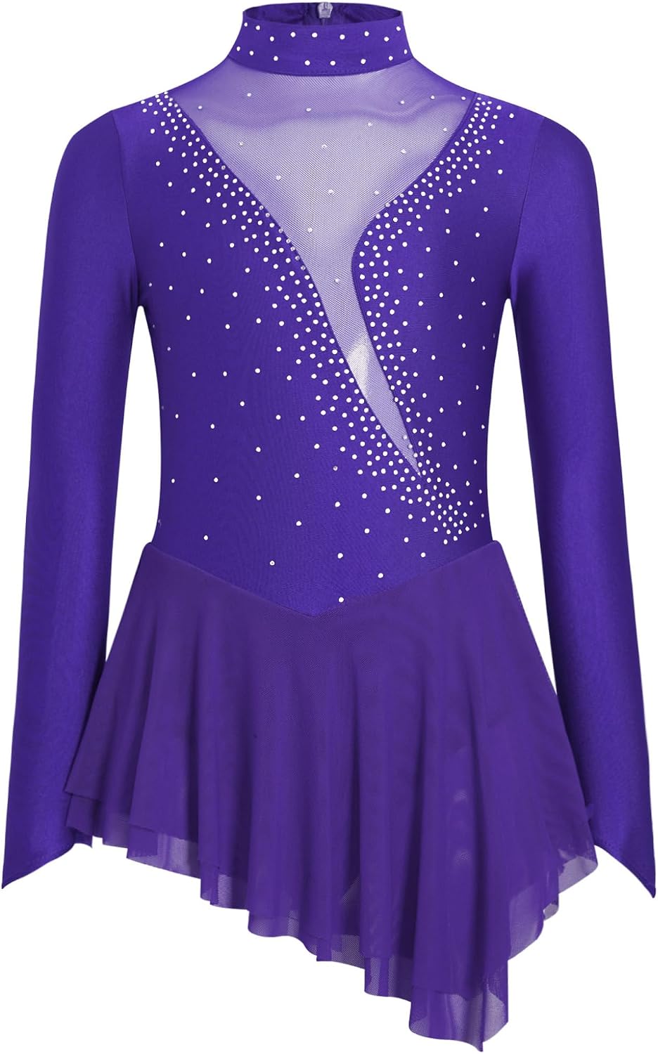 JanJean Kids Girls Figure Ice Skating Dress Rhinestones Gymnastics Dance Leotard Irregular Hem Performance Dancewear