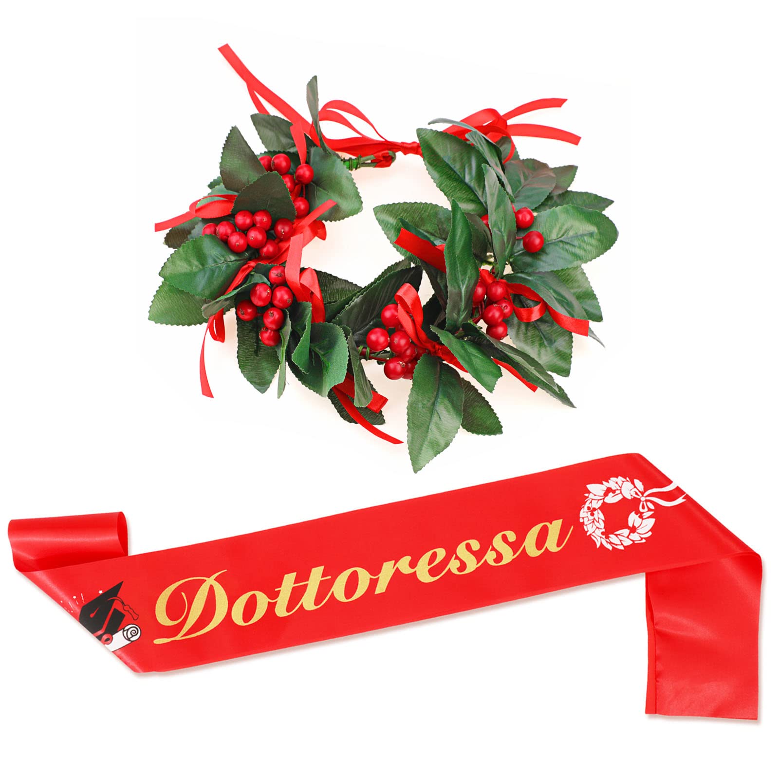 DPKOW Dottoressa Fascia Laurea Corona Alloro per Donna Dottoressa Laurea Festa Accessori Gadget Bomboniere, Simulazione Corona di Laurea Rosse Fascia Regalo Souvenir