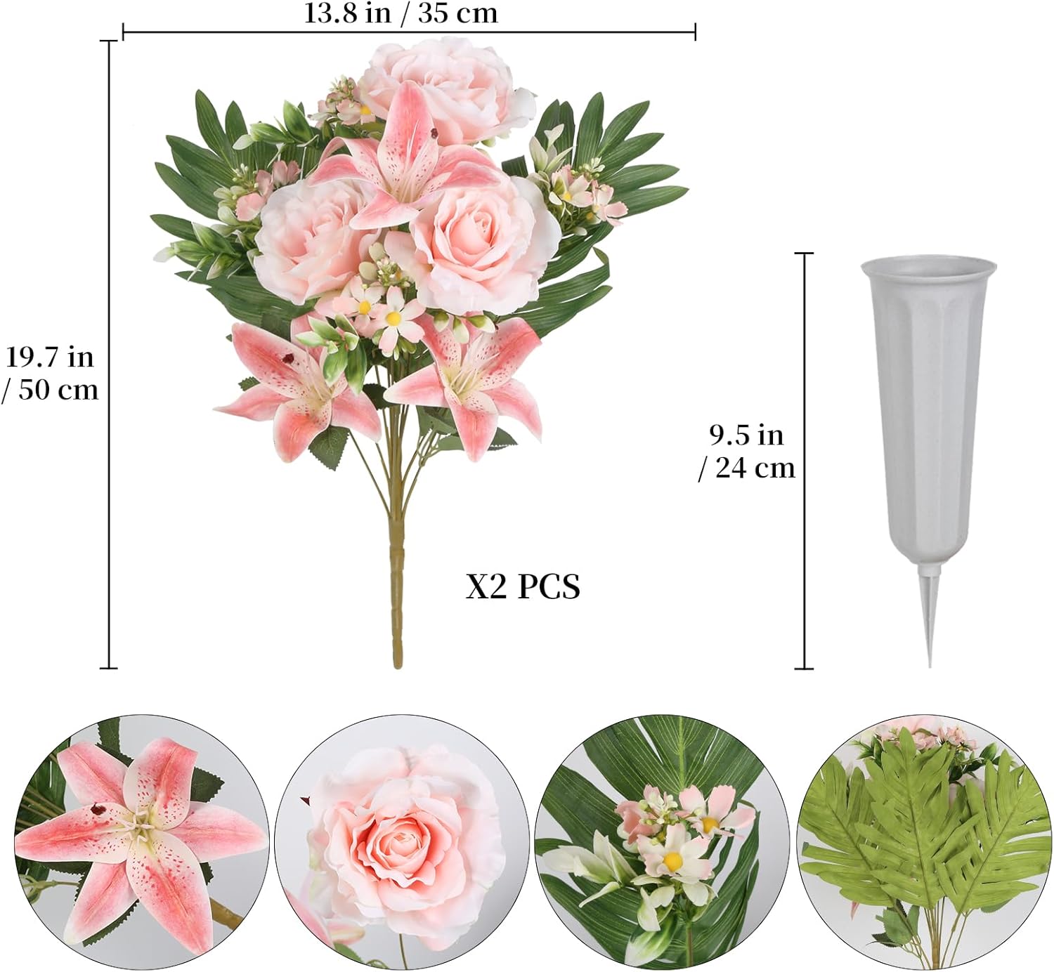 2Sets Artificial Cemetery Flowers with Cemetery Vase Pink Artificial Rose Lily Graveyard Memorial Bouquets for Memorial Day Outdoor Grave Cemetery Headstones Decorations (Pink)