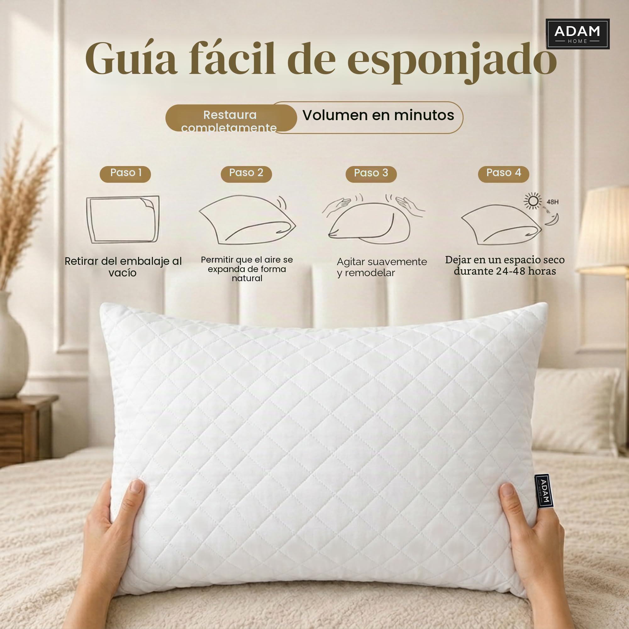 Adam Home Paquete de 6 almohadas prémium con funda acolchada, almohadas rellenas para cama, boca abajo y boca arriba, alternativa al plumón, almohadas de fibra hueca suave