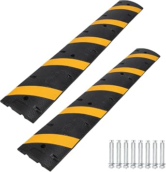 Speed Bump, 2 Pack 6Ft Rubber Speed Bumps, 2 Channel Modular Speed Hump 25000LBS Load Capacity, Cable Ramps Hose Protector Ramps with 8 Bolt Spikes for Asphalt Concrete Gravel Driveway Road