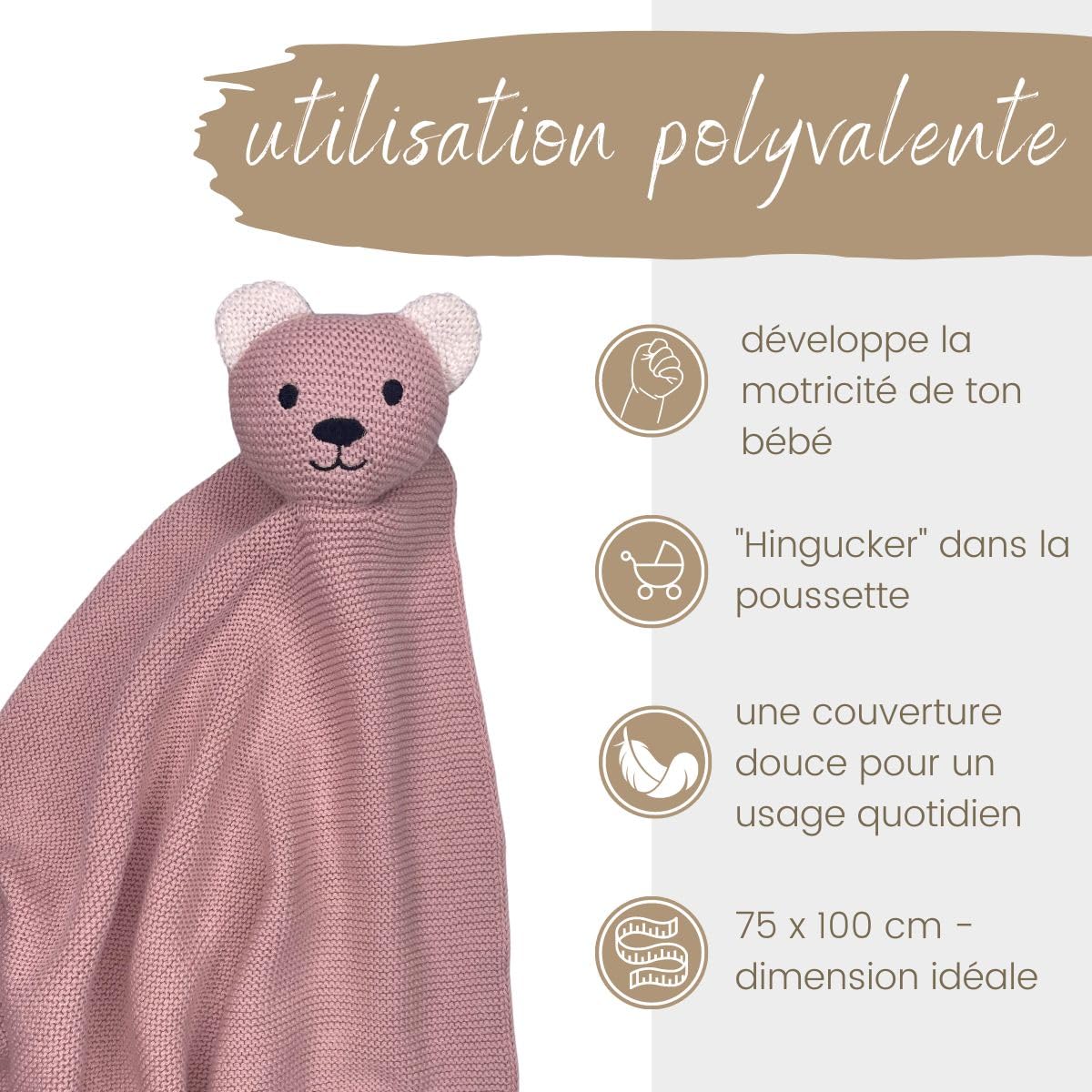 DIKOS® Couverture Originale pour bébé - Motif Ours en Peluche - 100% Coton Bio - avec Doudou - Couverture tricotée - Premier équipement pour bébé Fille/garçon - Cadeau de Naissance (Vieux Rose)