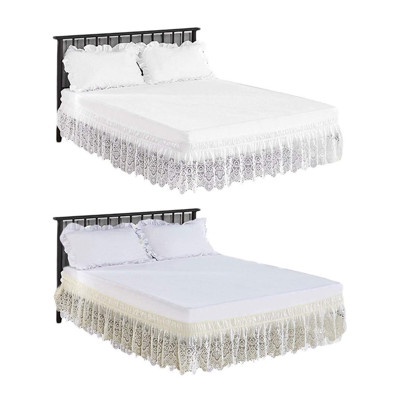 Giroletto,Gonna Letto Gonna da letto elasticizzata con rifiniture in pizzo bianco, 4 misure, senza pieghe e polvere, può essere utilizzata for biancheria da letto semplice e delicata in camera doppia(