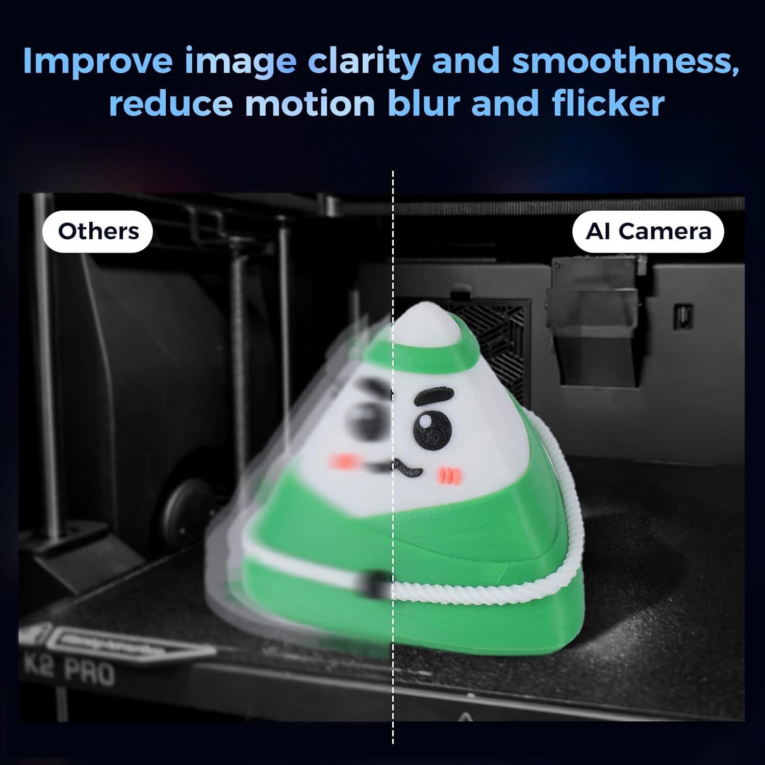 Side-by-side comparison of image smoothness: 'Others' (left) shows a blurry, flickering 3D printed object, while 'AI Camera' (right) shows the same object with improved clarity and reduced motion blur.
