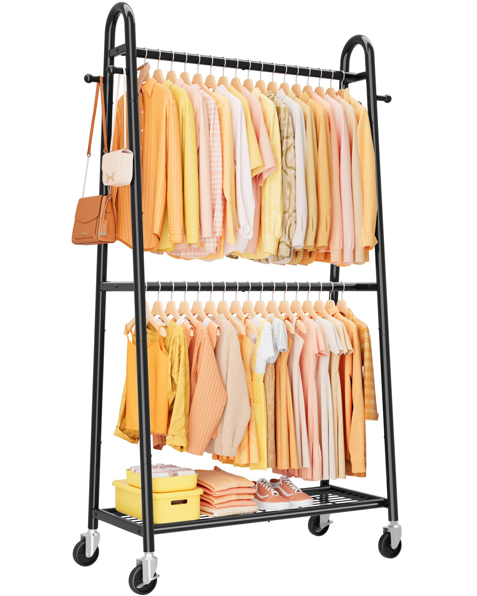 Heavy Duty Clothes Rack Metal Clothing Rack with Double Hanging Rods 4 Hooks Mesh Shelf Freestanding Garment Rack