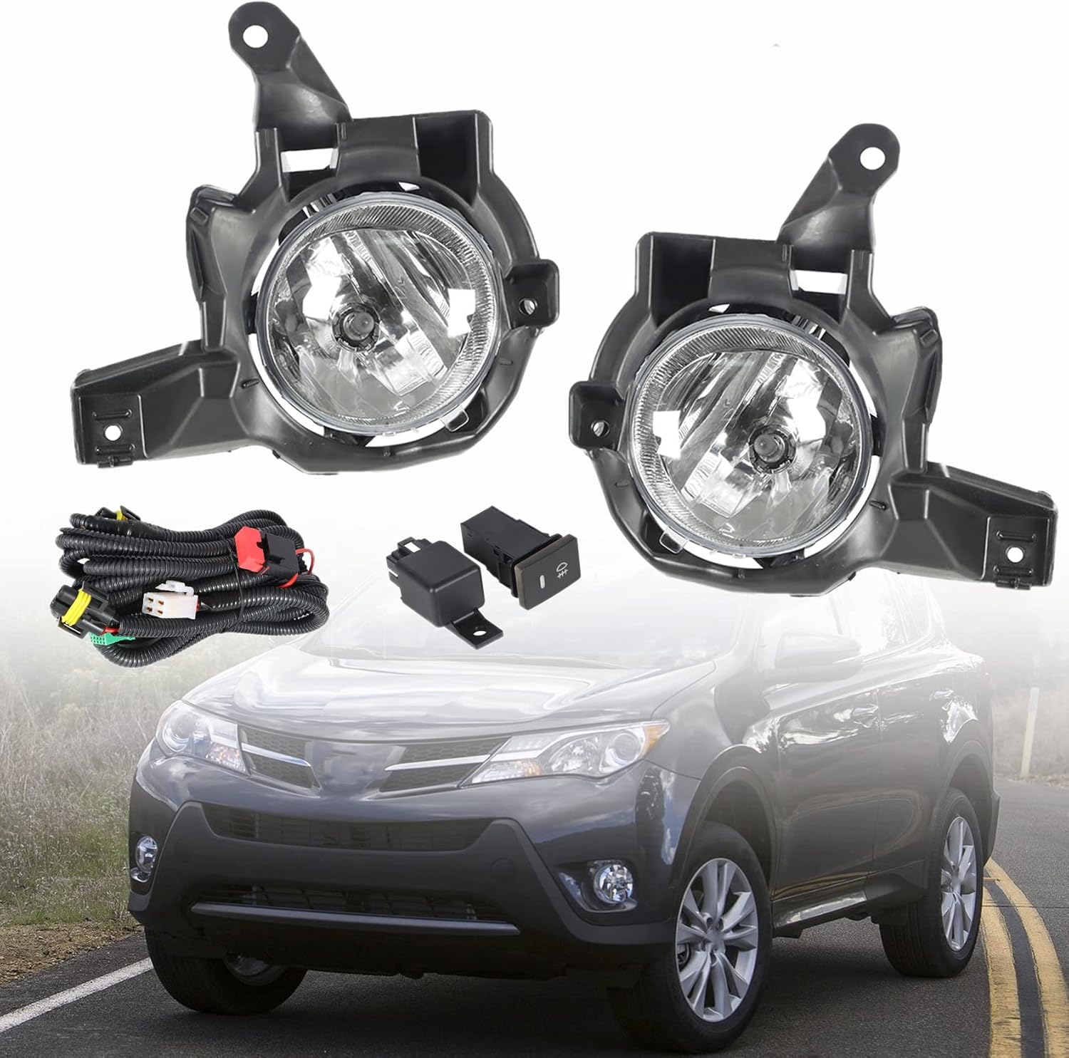 2Pcs Fog Lights Assembly with Bulbs Switch and Wiring Kit Replacement for 2013-2015 RAV4 TO2593130 TO2592130