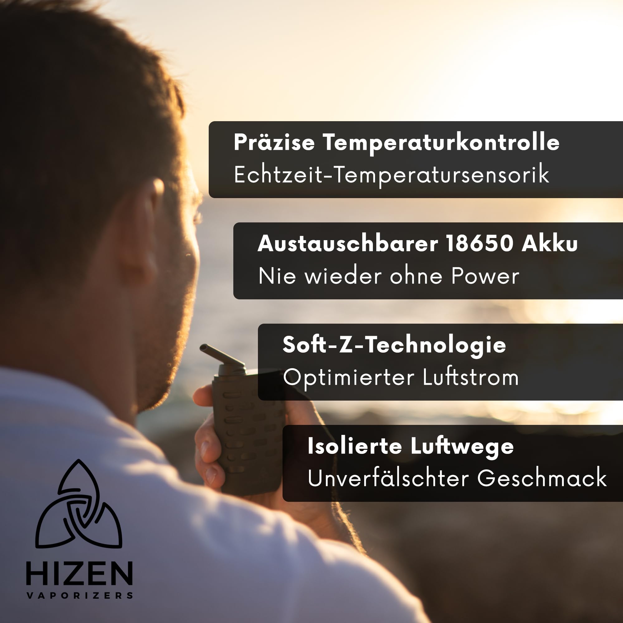 HIZEN Convectum Kräuter Vaporizer – Premium Verdampfer für Kräuter mit echter Konvektion, 80–220 °C stufenlos, USB-C Wechselakku (18650 LG), LED-Display, Endlos-Timer, Aromatherapie, Schwarz