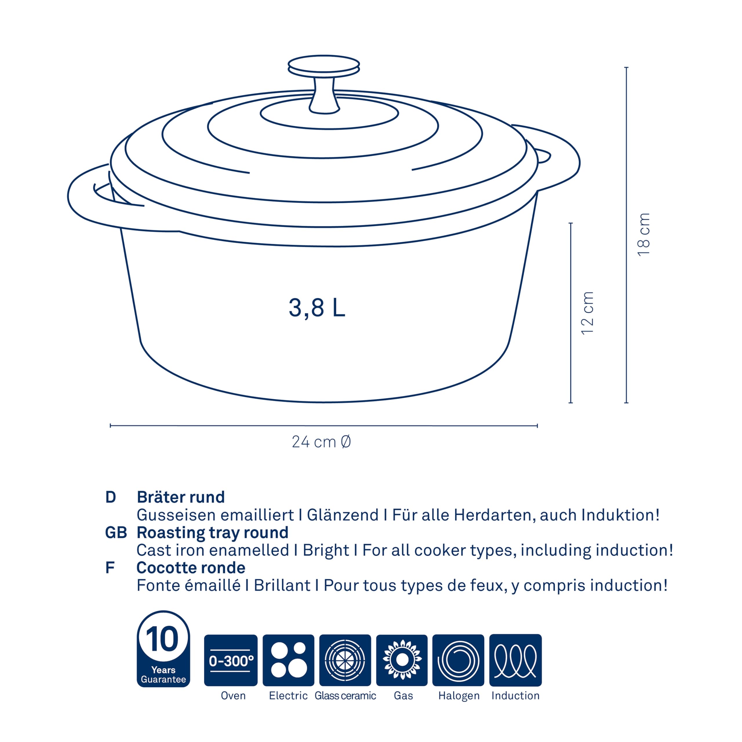 kela Bräter Gusseisen rund 3,8 Liter, Dutch Oven CALIDO, Induktion Gussbräter mit Deckel, Gusseisen Topf Brot backen, emailliert, schwarz