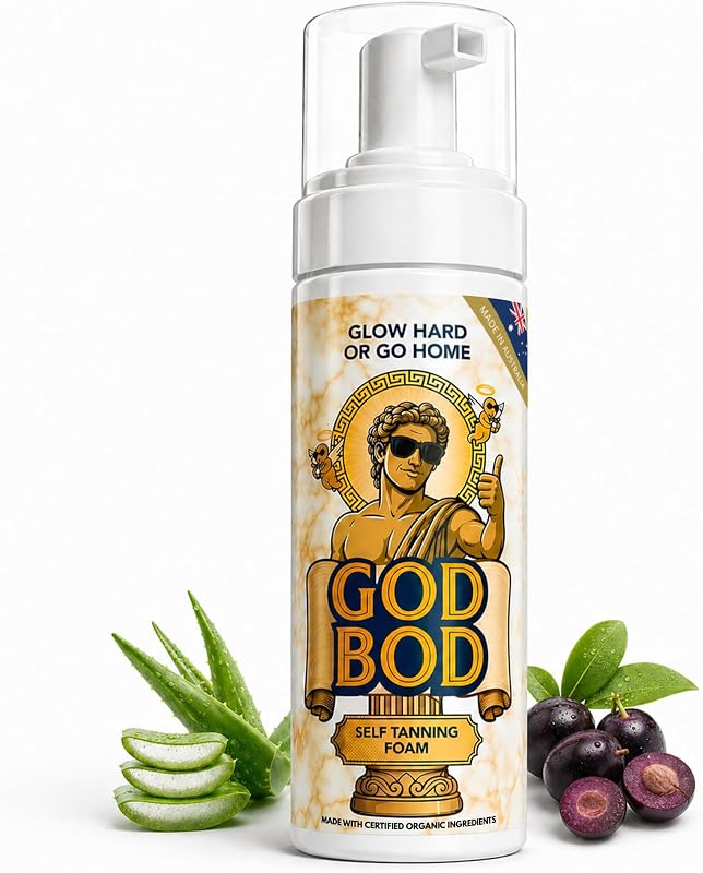 Espuma autobronceadora para hombres God Bod - Bronceado sin sol para rostro y cuerpo, sin rayas, sin naranja, brillo bronce de rápida absorción, ingredientes orgánicos, ciruela Davidson y aloe vera - 6.76 FL OZ