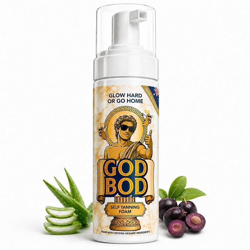 Autobronzeador masculino God Bod para rosto e corpo com aloe vera e ácido salicílico, fragrância Sandalwood Cacao, 200 mL