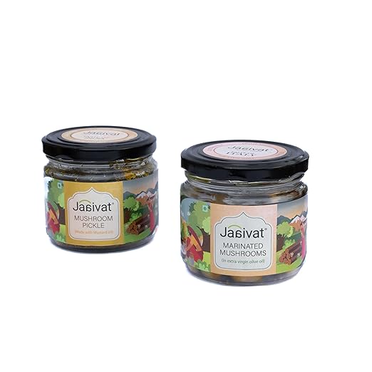MUSHROOM PICKLE + MARINATED MUSHROOMS - COMBO 2 JARS (250g Each) | Mustard Oil | Extra Virgin Olive Oil) | Handmade pickle | Indian Spices |Red Chiili & Garlic cloves