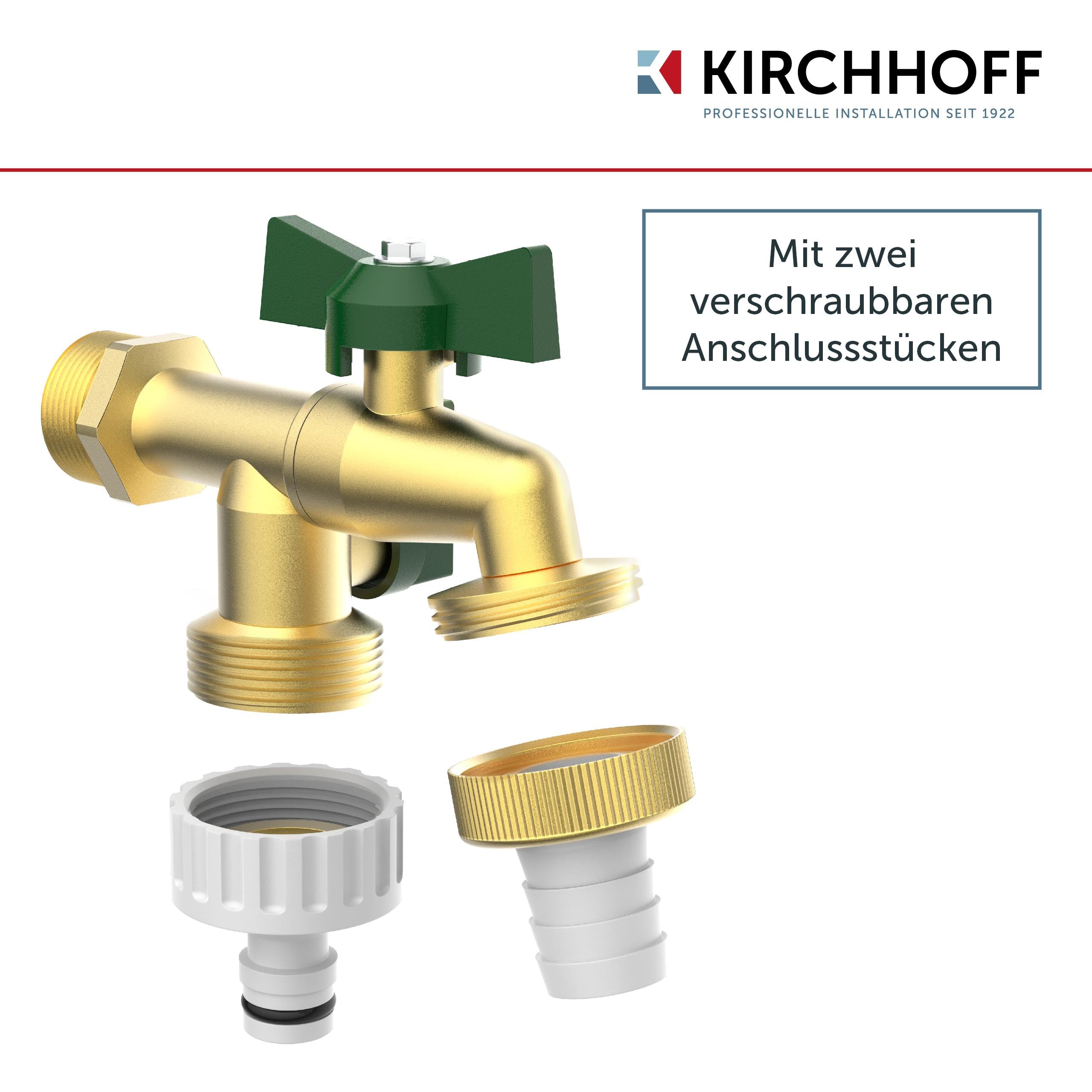 KIRCHHOFF 99720225 podwójny kran 3/4 cala x 1 cala x 1 cala, kran ogrodowy z 2 przyłączami, 2-drożny kran zewnętrzny do węża ogrodowego, kran odpływowy do piwnicy i ogrodu