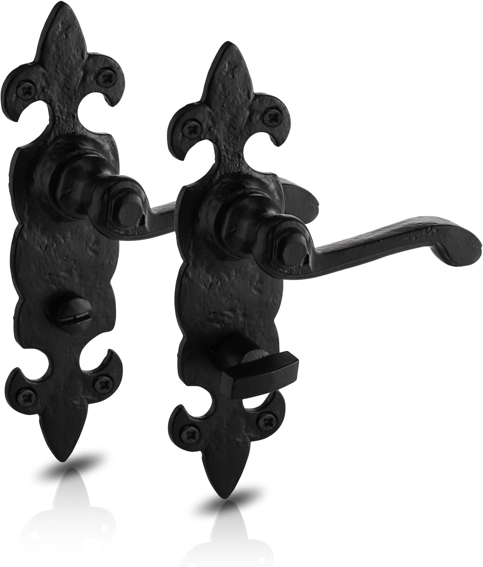 XFORT® Black Antique Fleur De Lys Bathroom Handles, Rustic Fleur De Lys Door Furniture Set