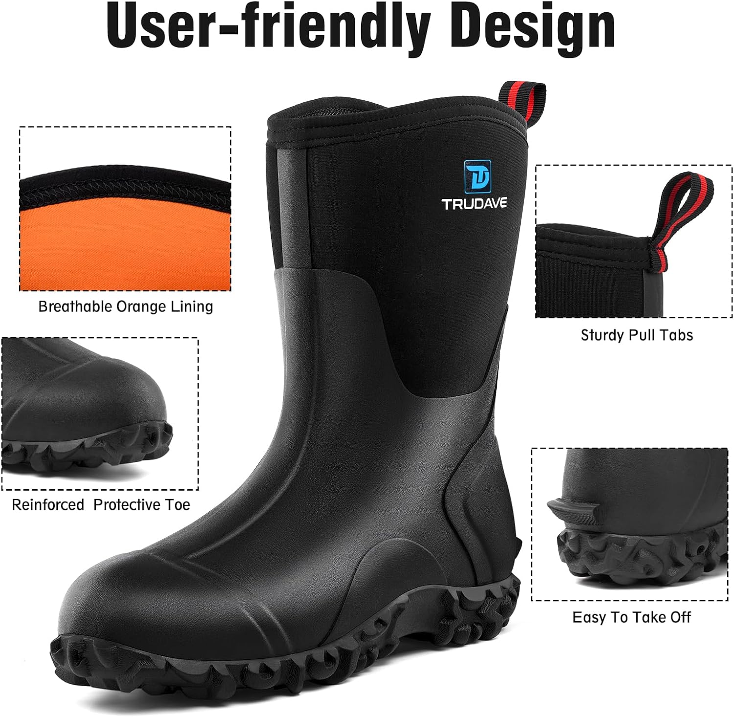 Trudave Rubber Boots for Women with Steel Shank, 6mm Neoprene Mid Calf Rain Boots, Waterproof Insulated Mud Work Boots All Season, Size 5-11 - Image 5