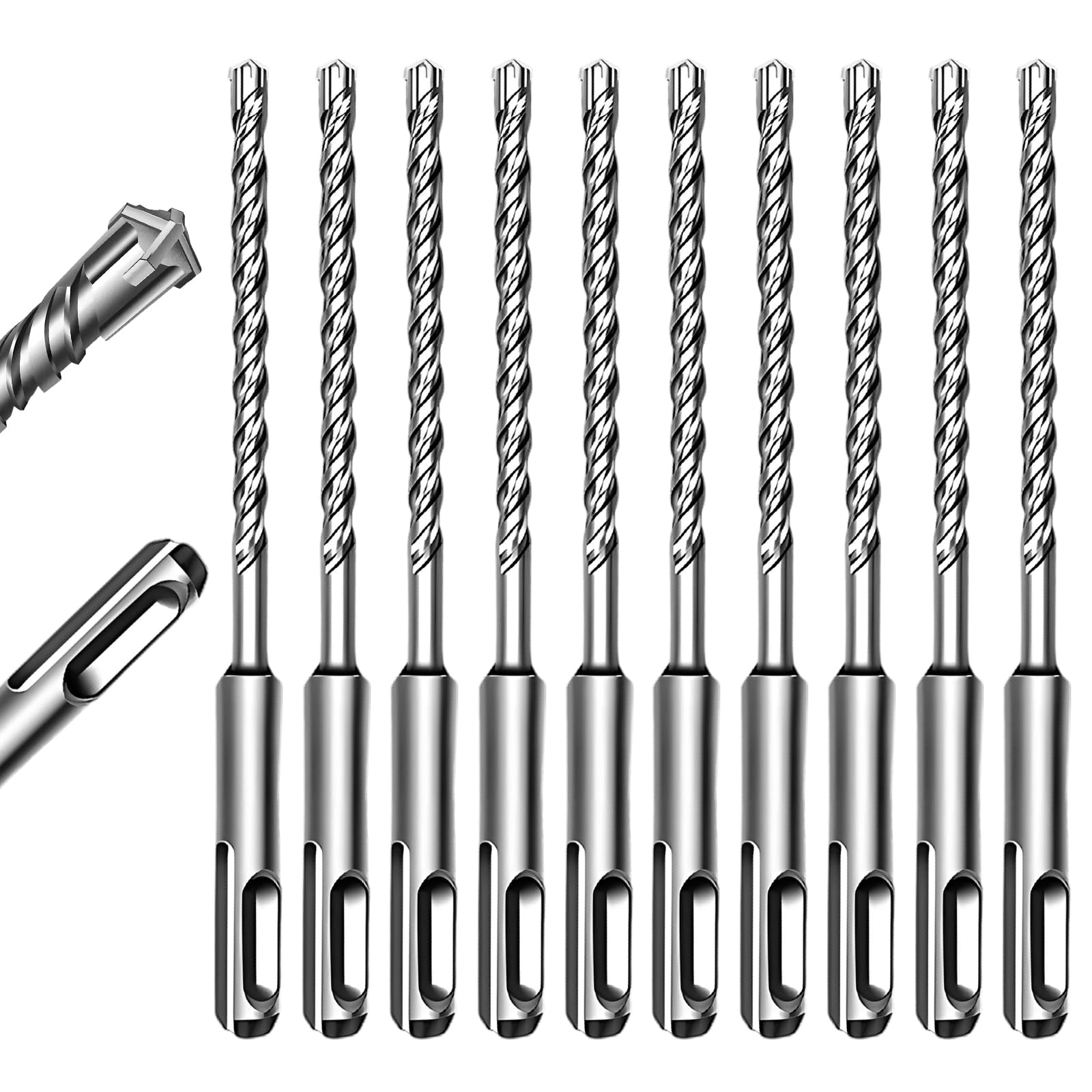 Keewaki 10 Pack 3/16" x 6" SDS Plus Rotary Hammer Drill Bits Set, Cross Carbide Tip, Heavy Duty Masonry Drill Bits for Concrete, Brick Hammer Drill