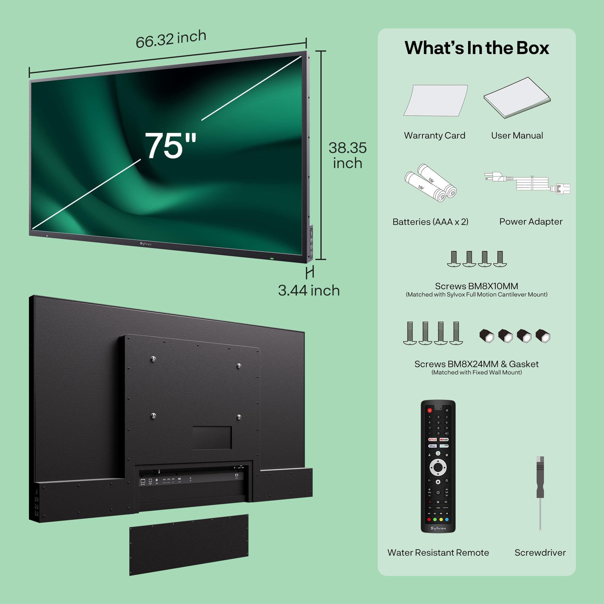 SYLVOX New 75” Outdoor Smart QLED TV, Superior Waterproof Performance, Upgraded Matte Finish for Enhanced Anti-Glare Effect, Full Metal, with Dolby Atoms, 2000nits, Full Sun Pool Pro QLED 2.0+ Series