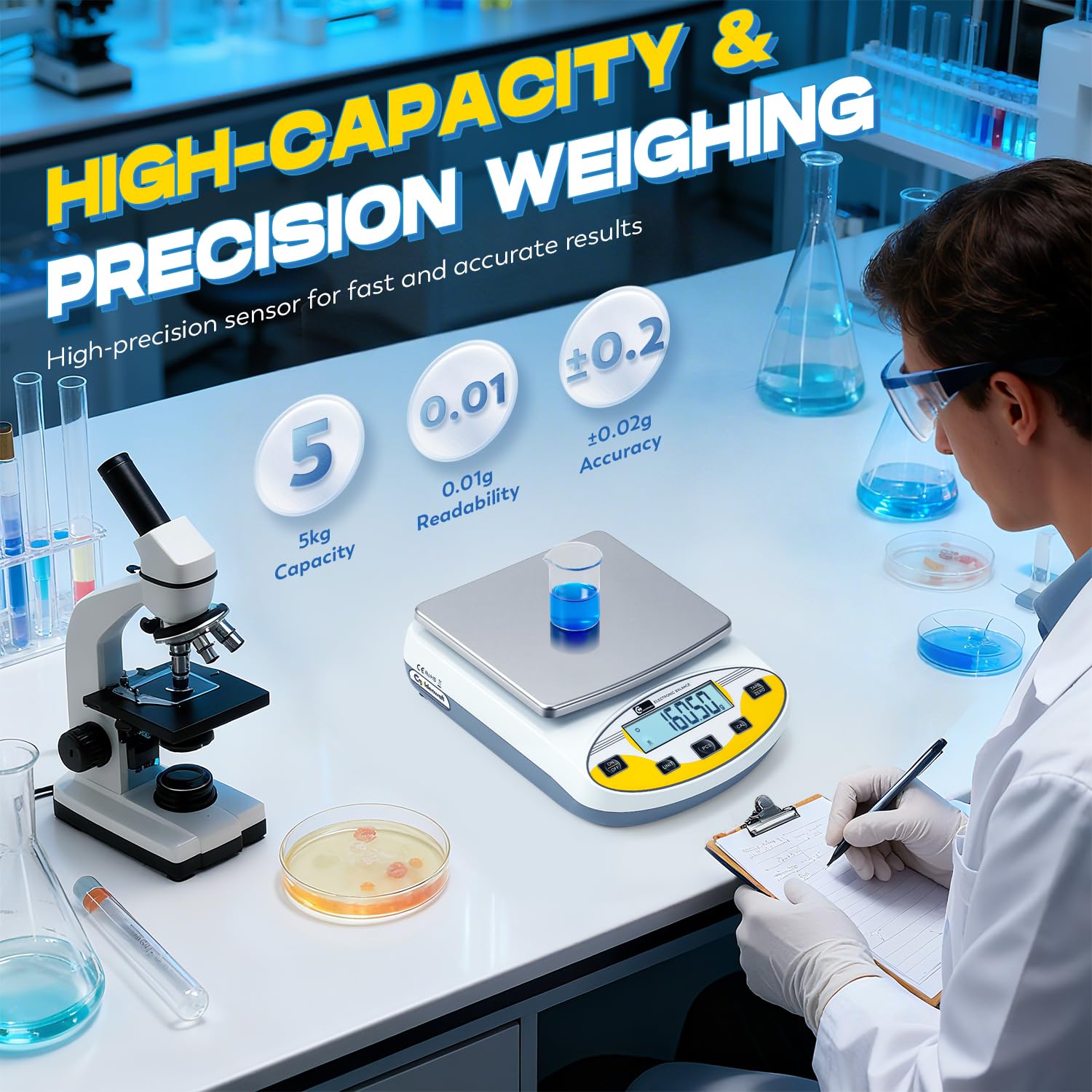 CGOLDENWALL Bilancia Laboratorio Digitale 5kg / 0.01g, Bilancia Multifunzione con Conteggio Pezzi, Tara e 13 Unità di Misura - Per Gioielleria, Cucina e Uso Industriale, Calibrata e Pronta all'Uso