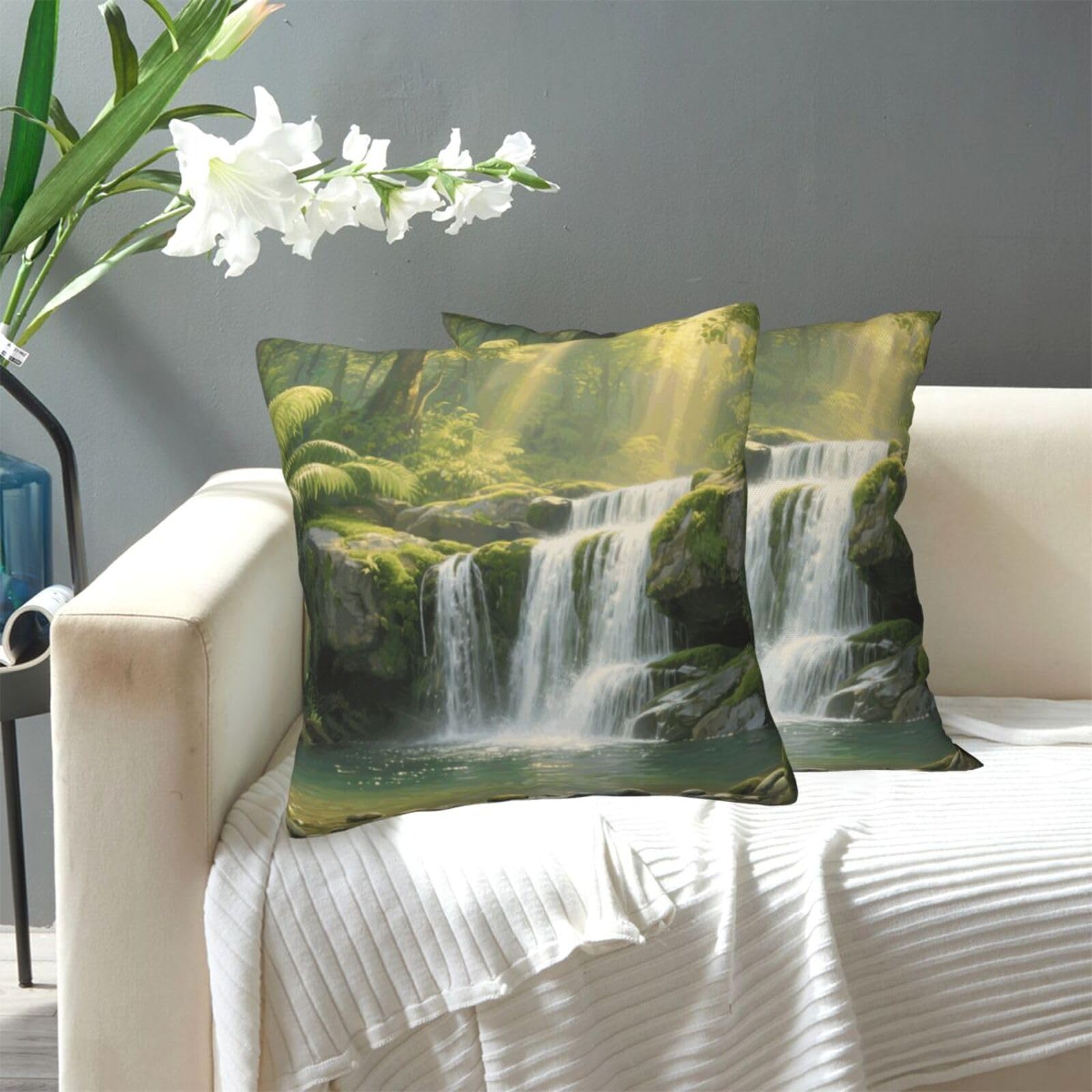 FekiLoot Decorative Throw Pillow Covers Modern Farmhouse Pillowcase Double Sided Cozy Cushion Cover for Sofa Couch Bed 20"X20" Forest Waterfall