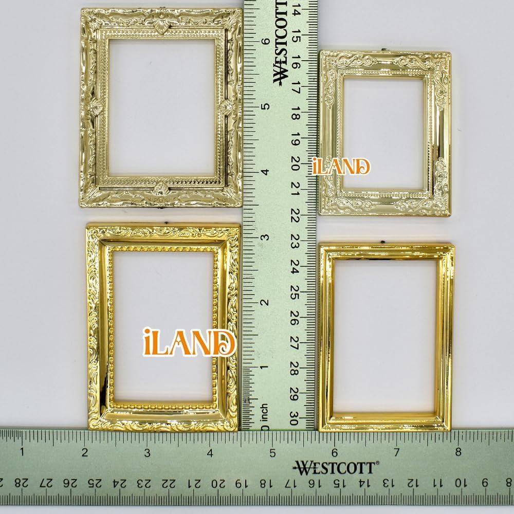 iLAND Miniature Dollhouse Accessories for Dollhouse Furniture on 1:12 Scale, Dollhouse Frames w/Printed Classic Paintings Set (4 Bright Golden Frames & Pictures)