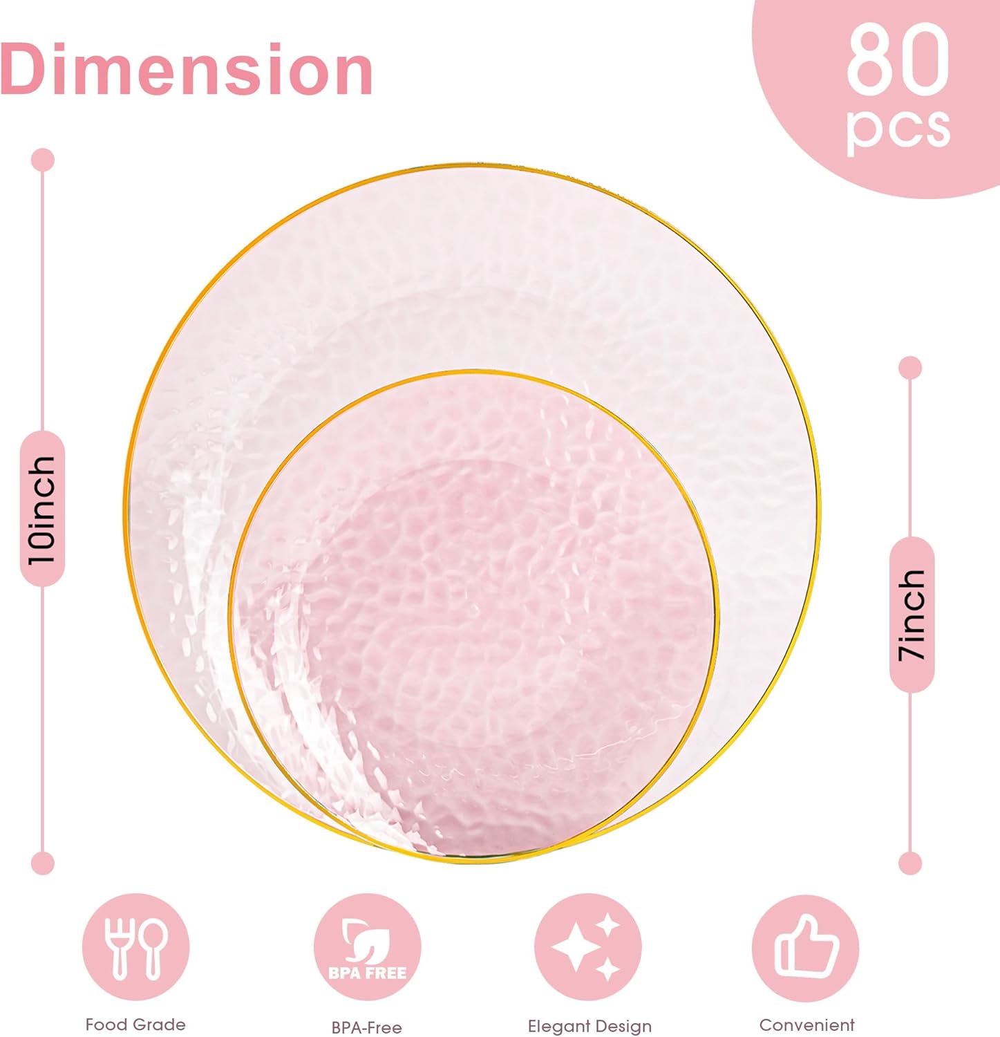 80pcs Pink Plastic Plates, Gold Disposable Dinner Plate Heavy Duty Dessert Plates for Party, Wedding