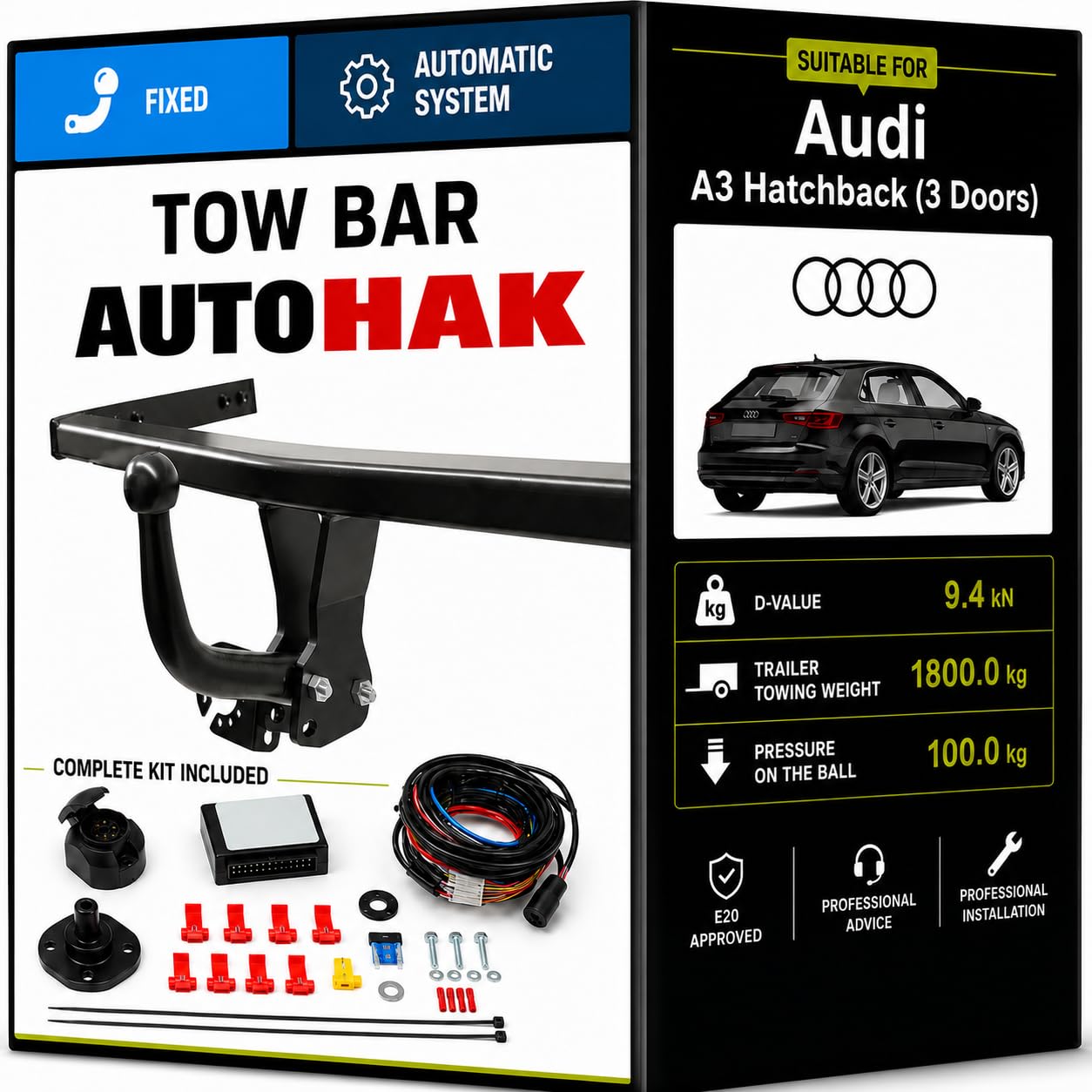 Enganche Remolque Fijo para Audi A3 Hatchback 3 Puertas (8P) 2003-2008 | Kit Completo con Instalación Eléctrica de 13 Pines | Homologado E20 | Capacidad de Remolque 1800 kg | Ref. K44