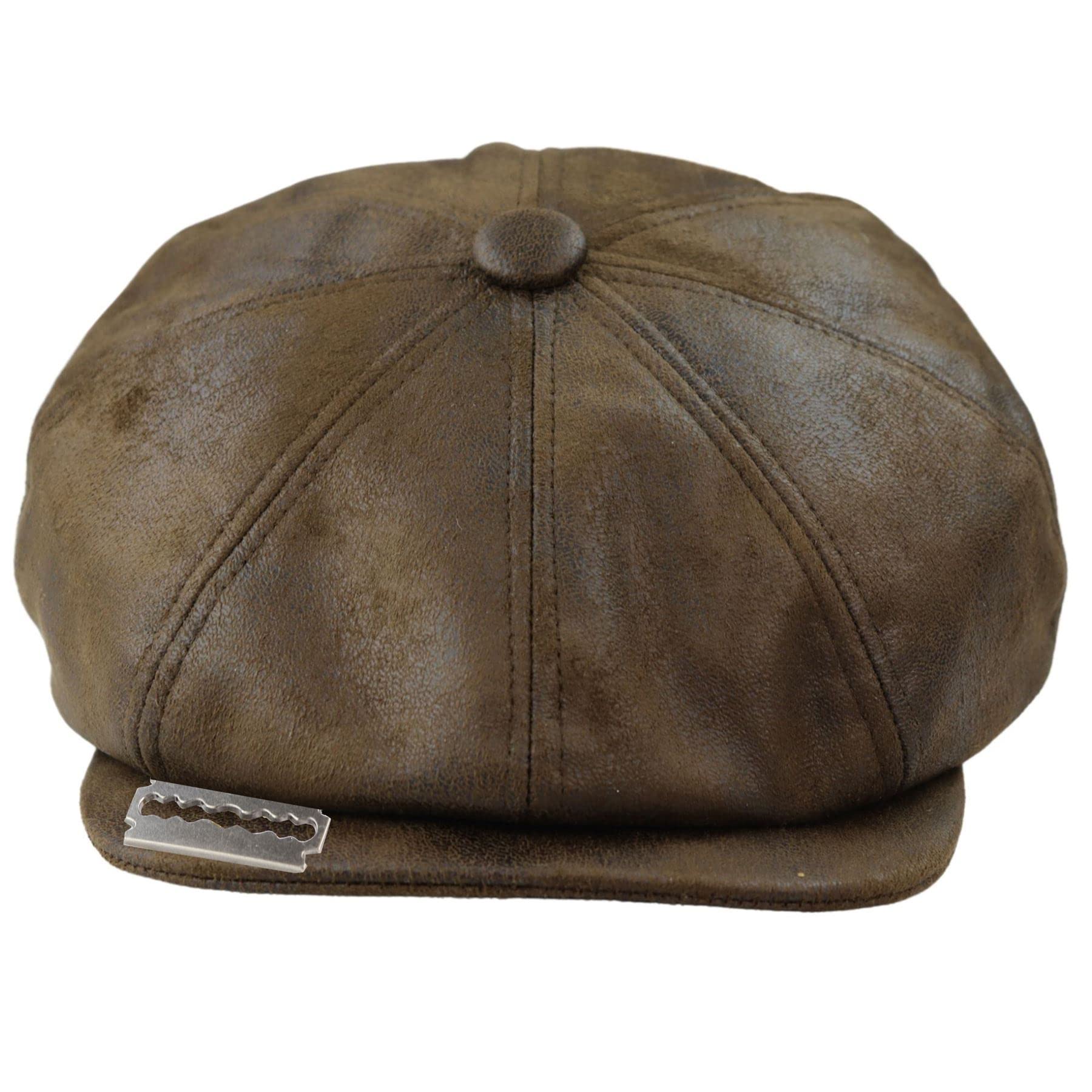 TruClothing Mens 8 Panel Razor Baker Boy Hat PU Leather Blinders Newsboy Flat Cap Black Brown - Brown Razor L/XL