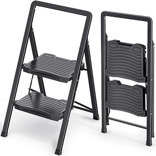 KINGRACK 2 Folding Step Ladder with Handrail, Steel Step Stool, Black