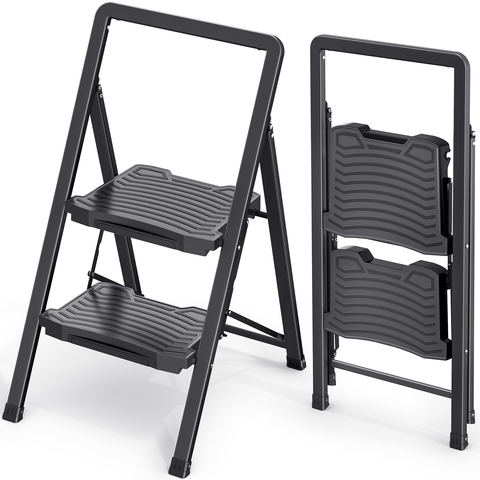 Kingrack Black Heavy Sturdy 2 Step Ladder, Portable Ladder For Home, Kitchen, Folding Steel Step Stool With Anti-Slip Wide Pedals, Handrail, Safe-Lock Design, Pass 800Lbs Load Testing,