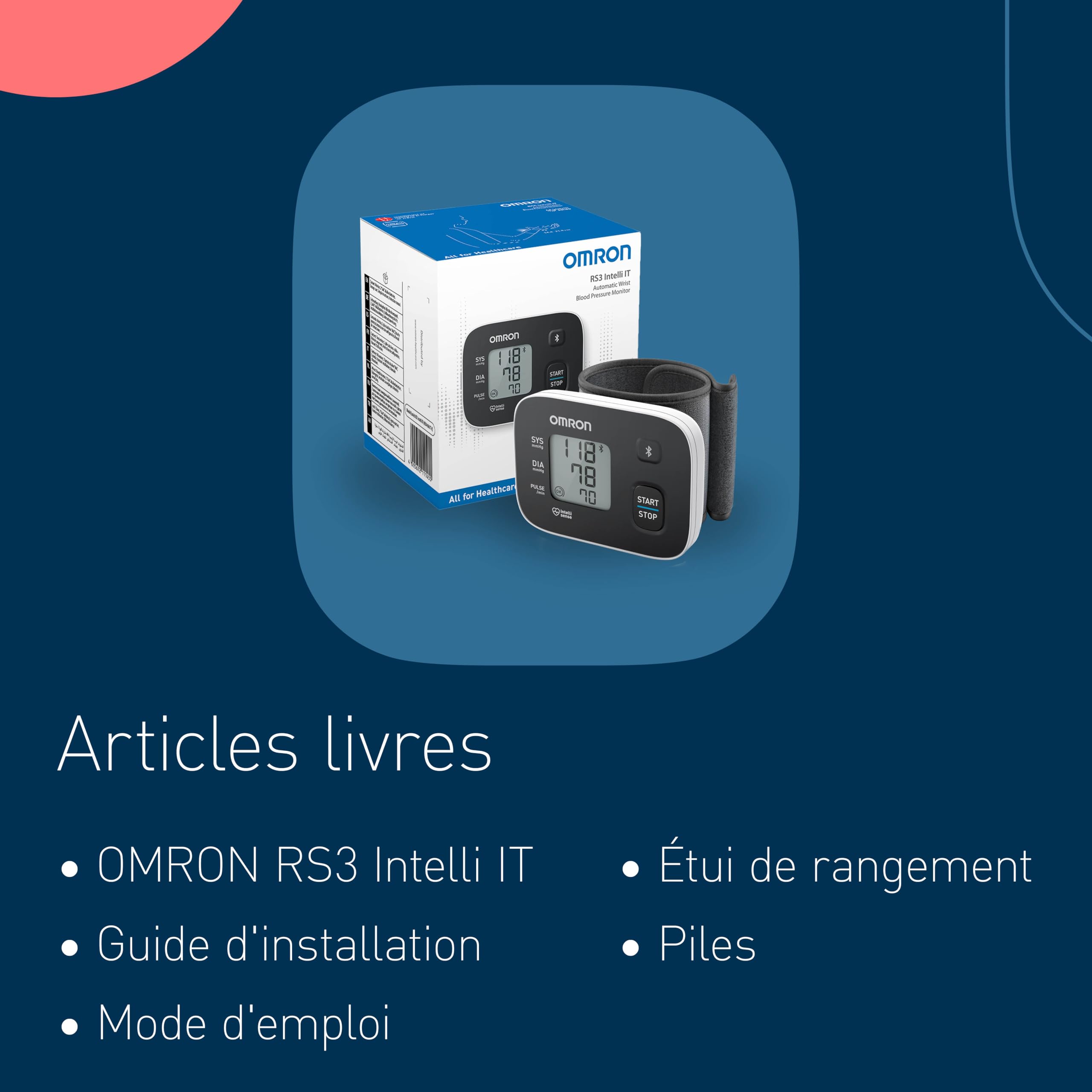OMRON RS3 Intelli IT Tensiomètre poignet automatique Bluetooth iOS/Android Bracelet réglable 13,5-21,5 cm