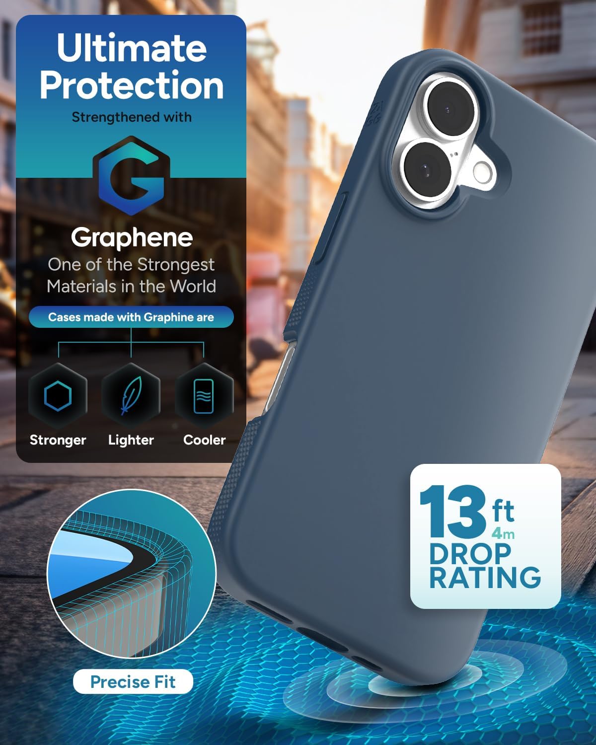 ZAGG Manhattan Snap for iPhone 16 Case - MagSafe Compatible, 13ft Drop Protection, Strengthened with Graphene, Soft-Touch Silicone, Slim & Lightweight Design, 96% Recycled Content, Navy Blue - Image 4