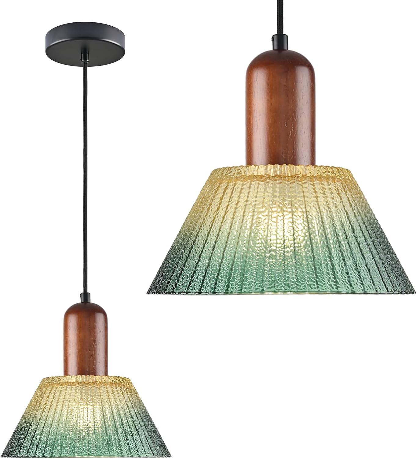 KCO Lighting Vintage Green Glass Pendant Lights Kitchen Island Small Cone Glass Hanging Ceiling Light Black Adjustable Hanging Light Fixture Mid Century Pendant Light