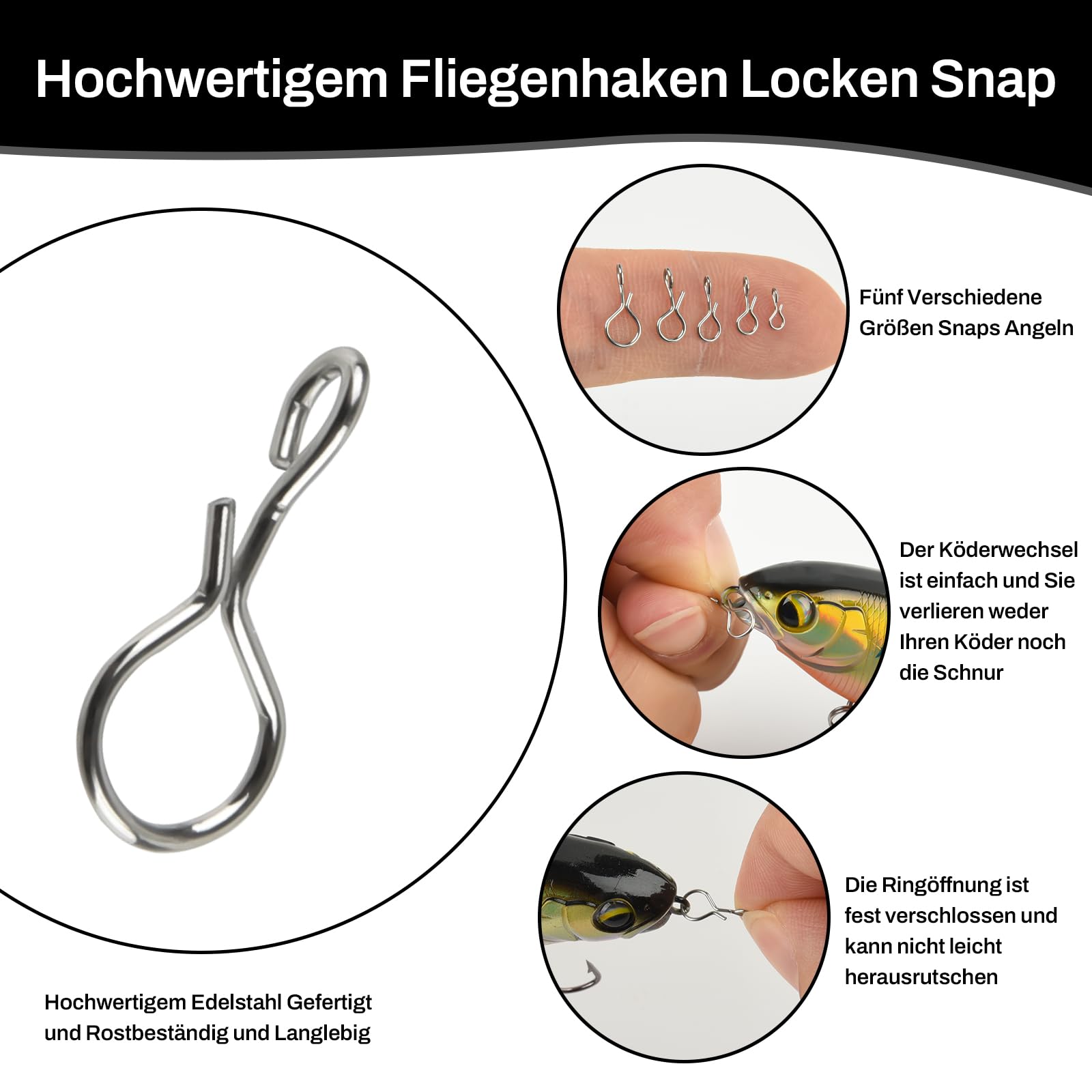 Realure 200 Stücke Snaps Angeln, Edelstahl Fishing Snap Set Größe XS#-XL#, Schnellwechsel Fliegenhaken Locken Snap, Fliegenfischen Snaps Wirbel Angeln, für Forellenköder, Hecht-Köder und Barsch-Köder
