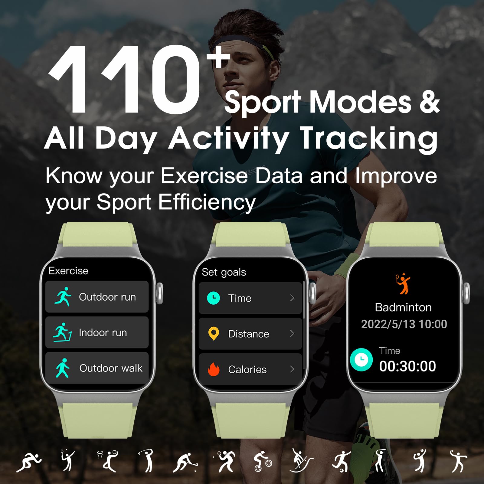 VKROBAG Smartwatch Uomo Donna, 1.85" Orologio Smartwatch con Effettua/Risposta Chiamate, 113 Sportive Smart Watch con Contapassi/Sonno/Cardiofrequenzimetro, Impermeabil IP68 Fitness Tracker, Verde