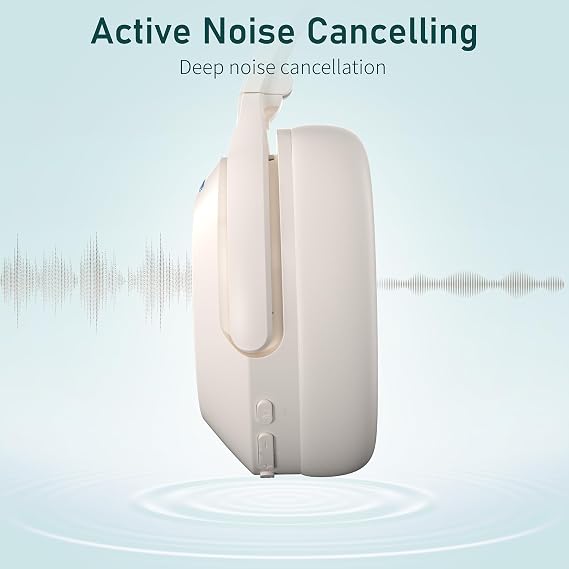 Rebocico Active Noise Cancelling Headphones, Bluetooth 5.3 Over-Ear with Microphone - Hi-Fi Sound, Fast Charging, 120H Playtime Foldable Wireless Headphones Bluetooth for Home, Office, Travel, Beige