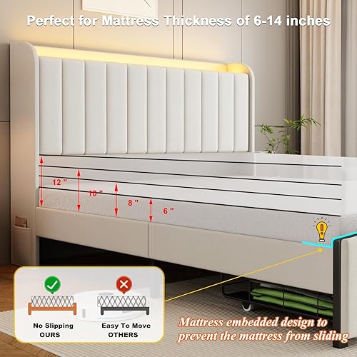 Miniatura 7 de Base de cama tamaño queen con cabecera de almacenamiento y 2 cajones, base de cama tapizada con luces LED y práctica estación de carga, no necesita