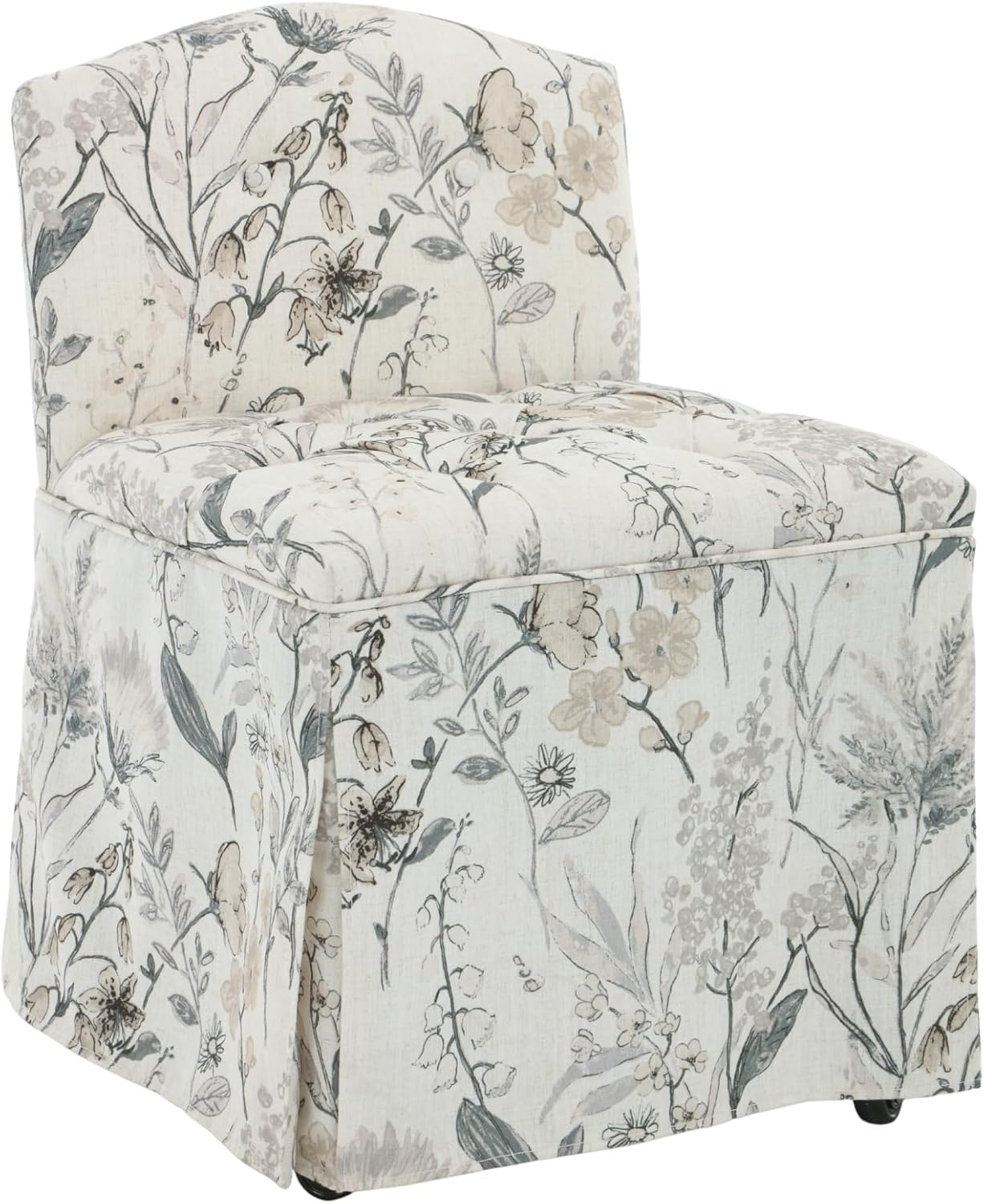 Makeup Vanity Chair with Wheels, Small Upholstered Rolling Vanity Stool with Low Back & Metal Legs, Tufted Accent Chair for Living Room Bedroom, Floral Pattern Linen