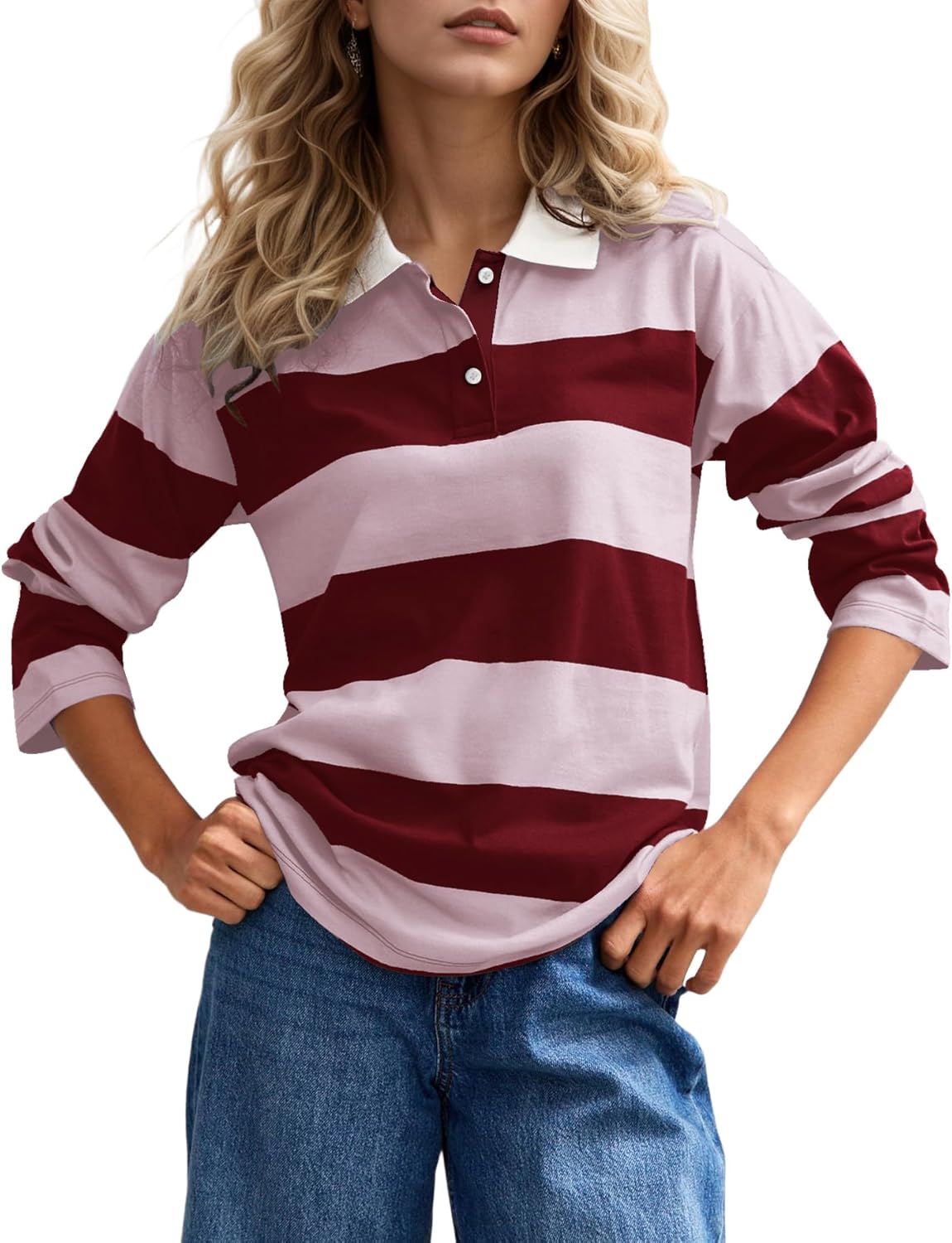 MISSACTIVER Womens Striped Polo Long Sleeve Shirts Color Block Lapel V Neck Workout Tops Fall Loose Rugby Tshirts Blouse