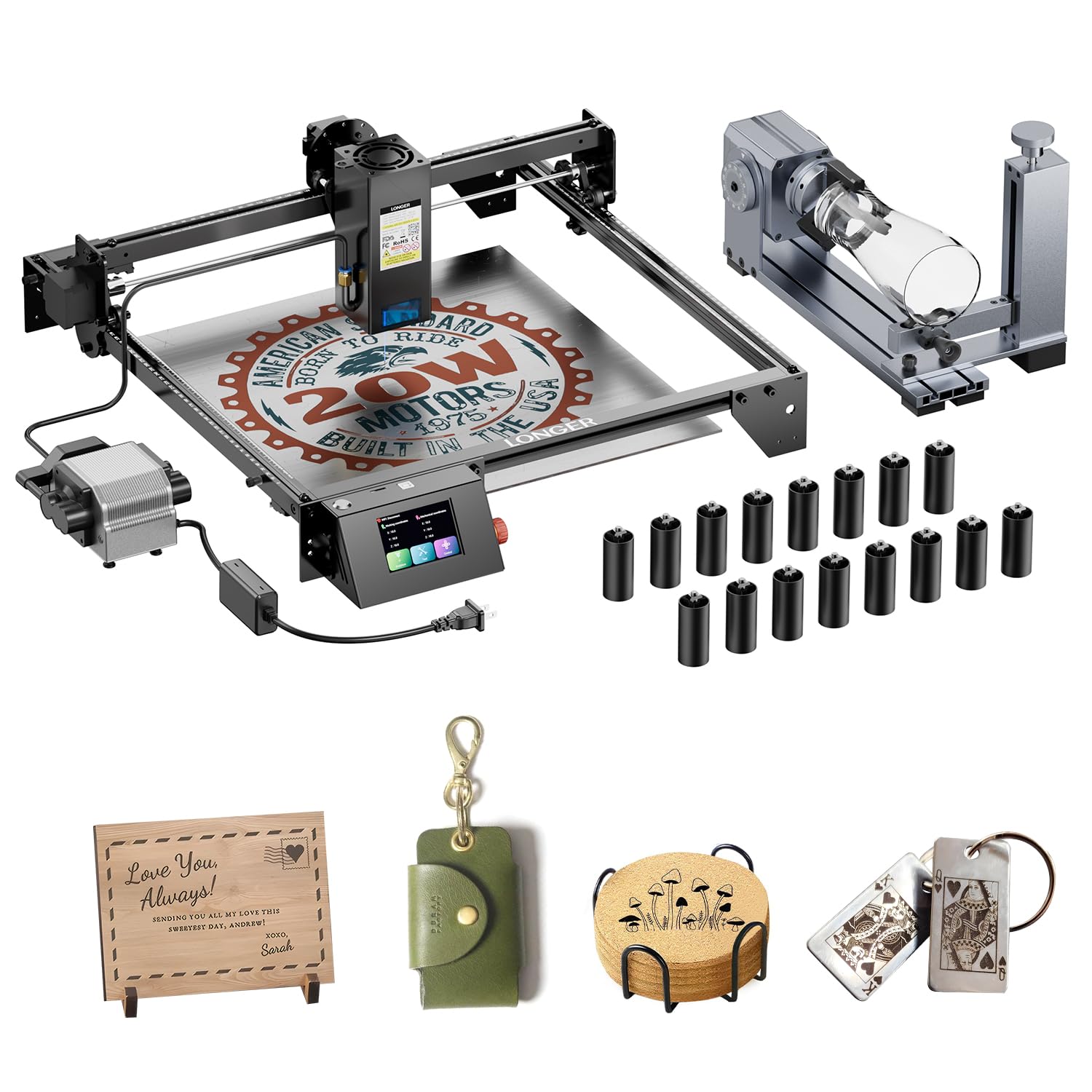 Longer RAY5 20W Laser Engraver with Air Assist Kit, 4-in-1 Rotary Roller, and 16 Pcs Raiser, Exclusive 3.5" Touch Screen for DIY, Cutting Tool for Metal Coloring, Acrylic, Wood, Glass, Leather. Recycled Claim Standard Blended