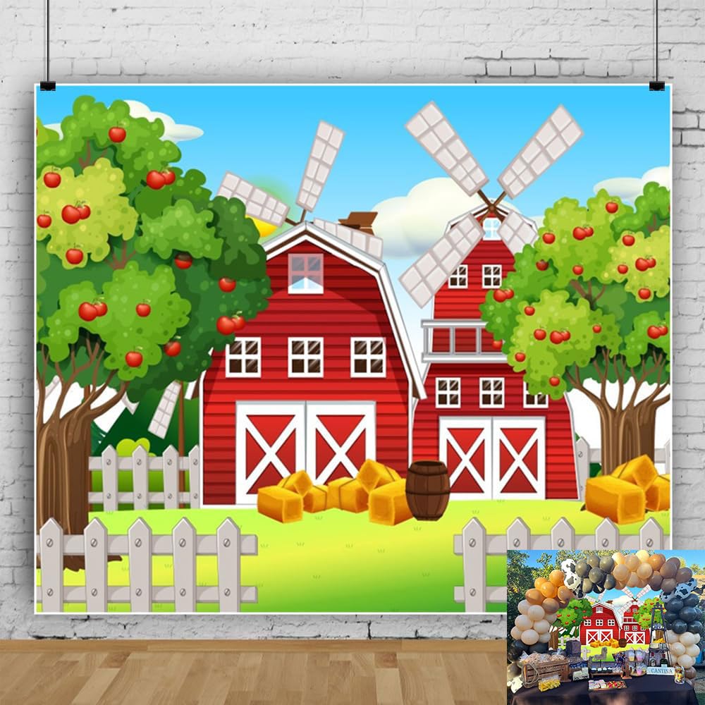 Farm Backdrop 10x8ft Cartoon Red Barn Farm Theme Baby Shower Birthday Photography Background for Party Decorations Studio Photo Booth Props