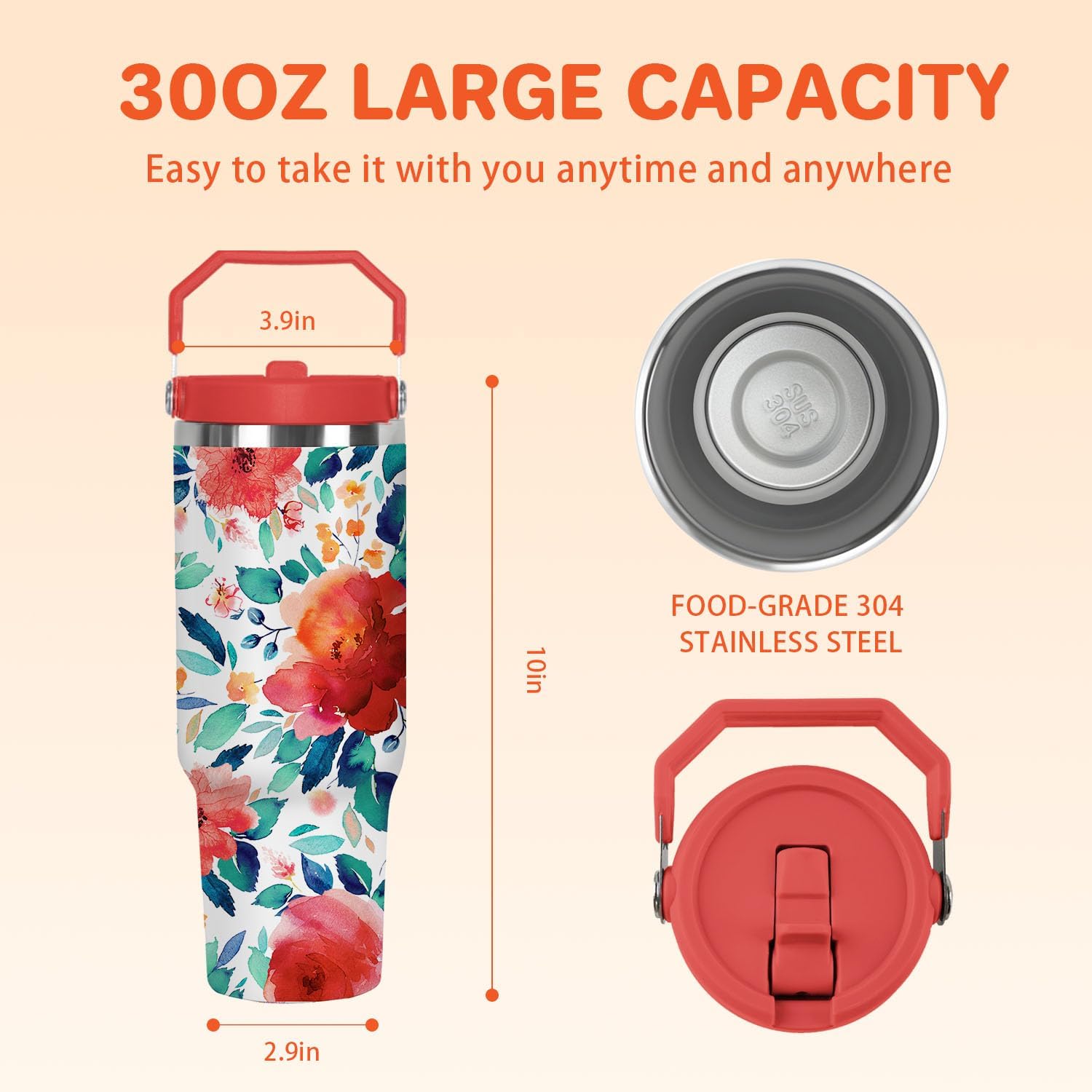30 Oz Floral Stainless Steel Insulated Top Tumbler with Handle and Straw Lid Leak Proof, Coffee Travel Iced Cup Mug for Women, Mothers Day Birthday Christmas Gifts for Women Mom Girl Friend Wife - Image 5