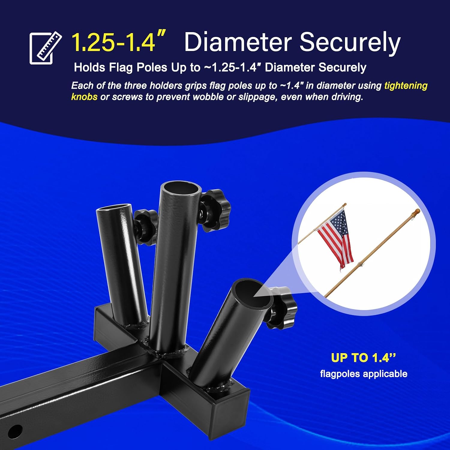 3-Flag Pole Hitch Mount Holder – Heavy-Duty Steel Triple Flagpole Bracket for Truck Trailer 2-Inch Hitch Receiver, Rust-Resistant Finish, Fits Up to 1.4″ Diameter Poles, Anti-Wobble