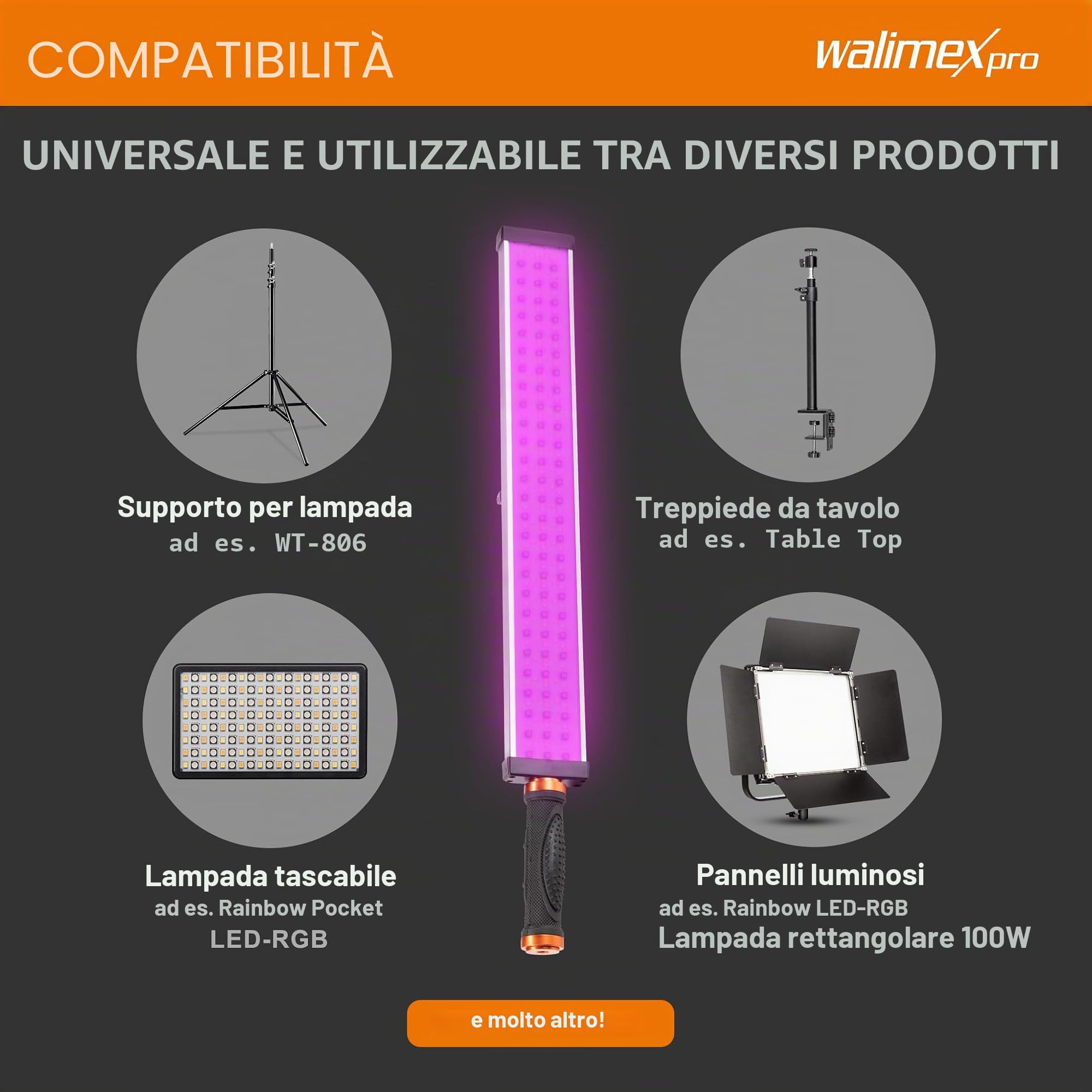 Walimex pro Rainbow Tubo LED fotografia RGB, barra luminosa da 18 W, luce da studio fotografico dimmerabile e bicolore, controllo tramite app