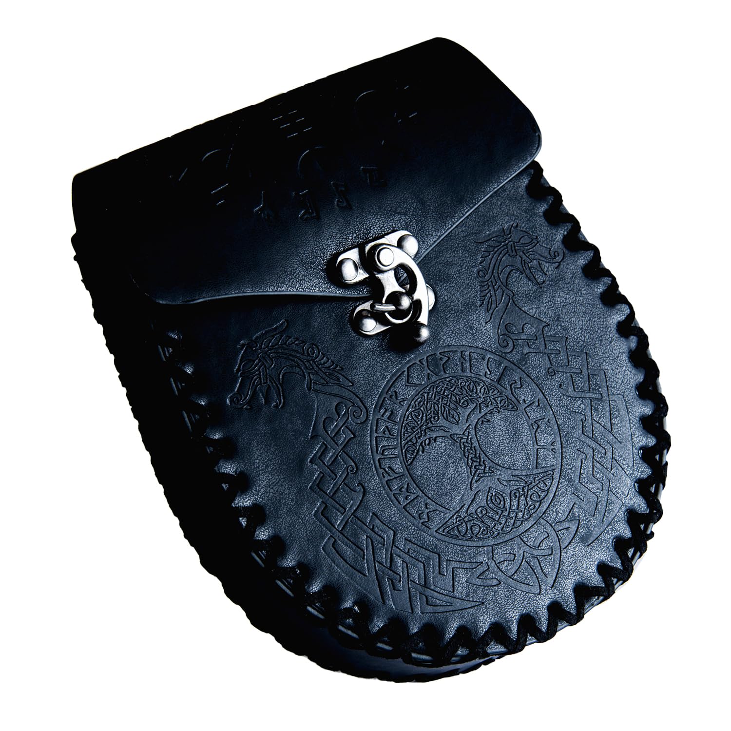 MageekiMedieval Nordic Embossed Belt Bag - Retro Medieval Faux Leather Side Pack, Viking Renaissance Vintage Portable Belt Pouch For LARP Ren Faire Halloween (Black), Black 1, Medieval