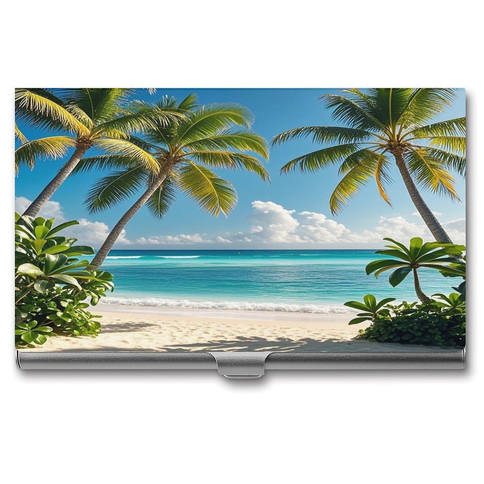 Fekiloot Men's Style Hawaiian Print Pattern Business Card Holder Aluminum Alloy Business Card Case Convenient To Carry Business Card Dispenser For Wo