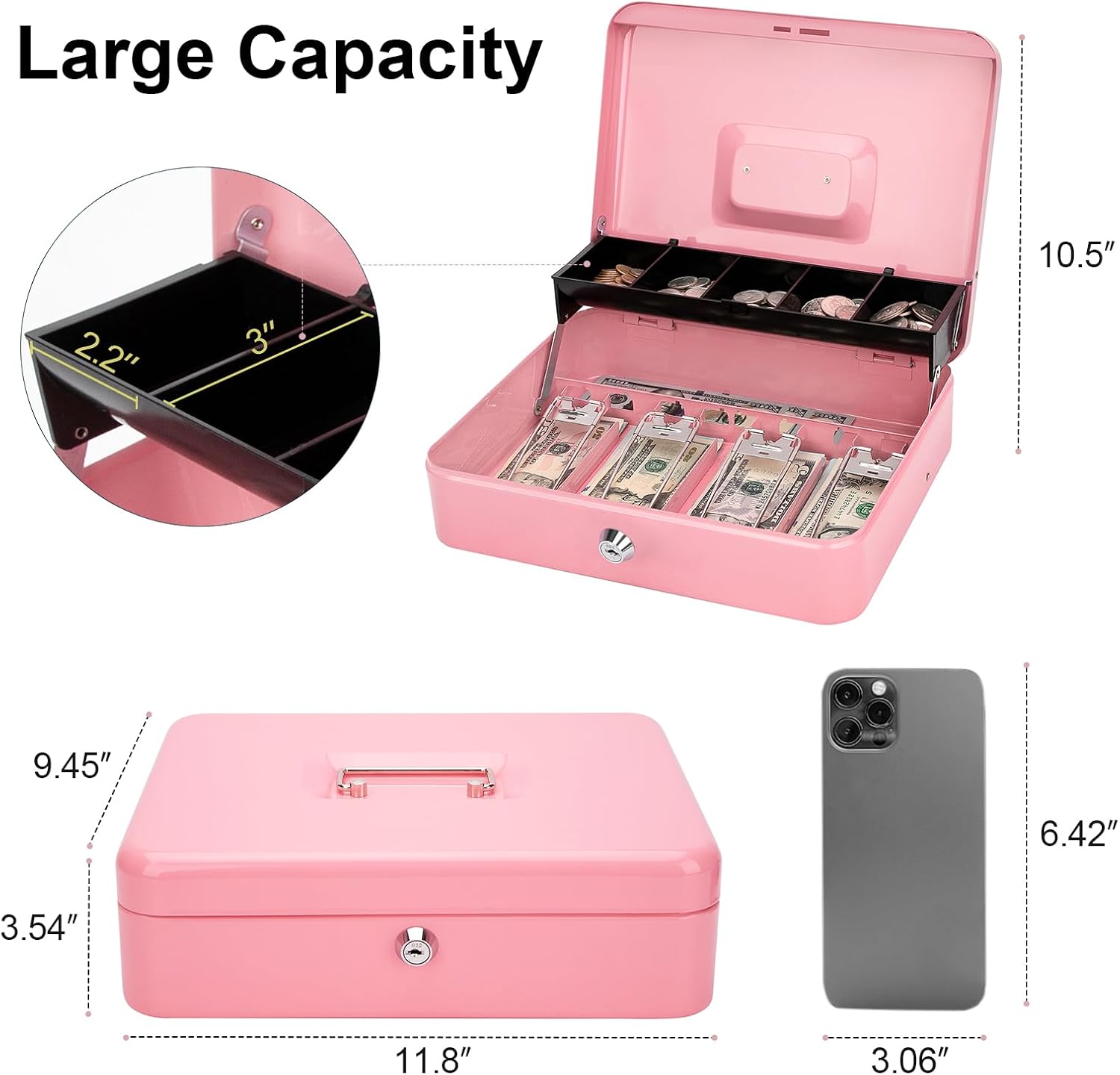 Jssmst Cash Box with Money Tray and Lock - Pink Cash Box with Key Lock Safe Money Box Large, Locking Register Drawer for Money, 11.8'' x 9.5'' x 3.5'', SM-CB005PK