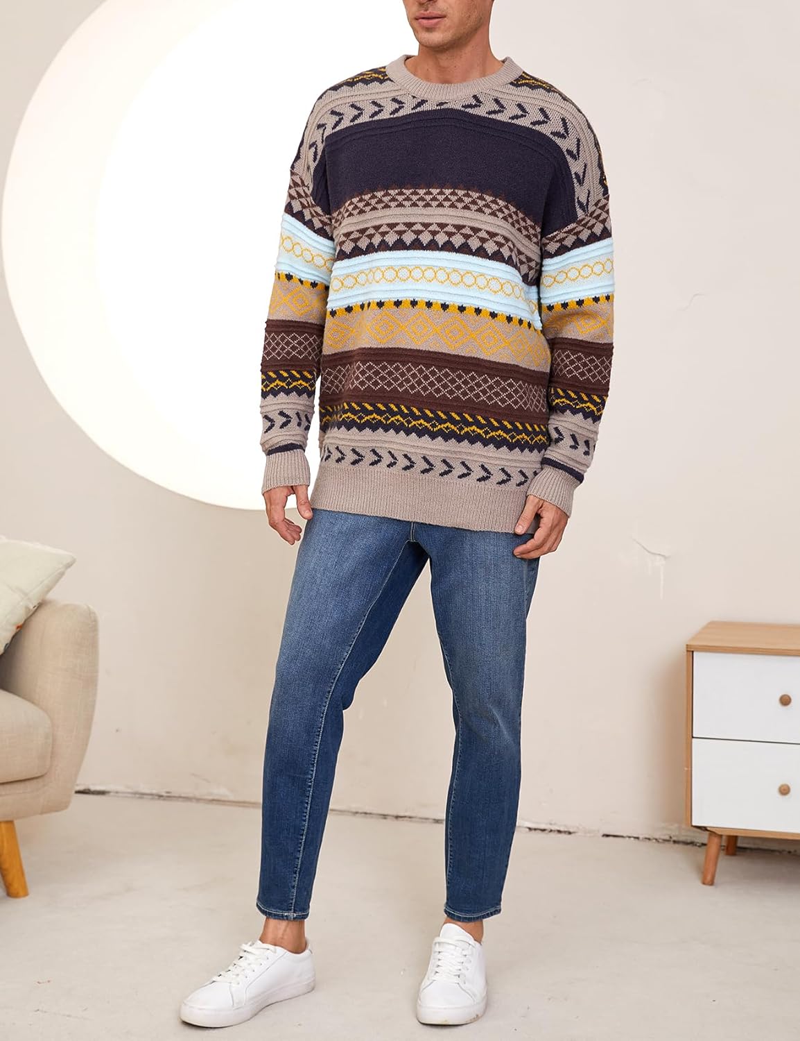 Mens Knit Sweater Grandpa Vintage Knitted Sweaters Oversized Striped Spring Pullover Casual Long Sleeve Pullovers - Image 6