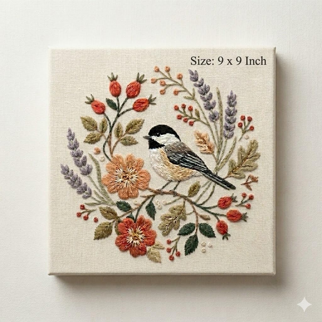 Chickadee Bird Floral Embroidery Wall Art Canvas, 9x9 Inch | Hand-Embroidered Look, Botanical Design, Linen Texture, Wall Decor, Nature Inspired-image-42
