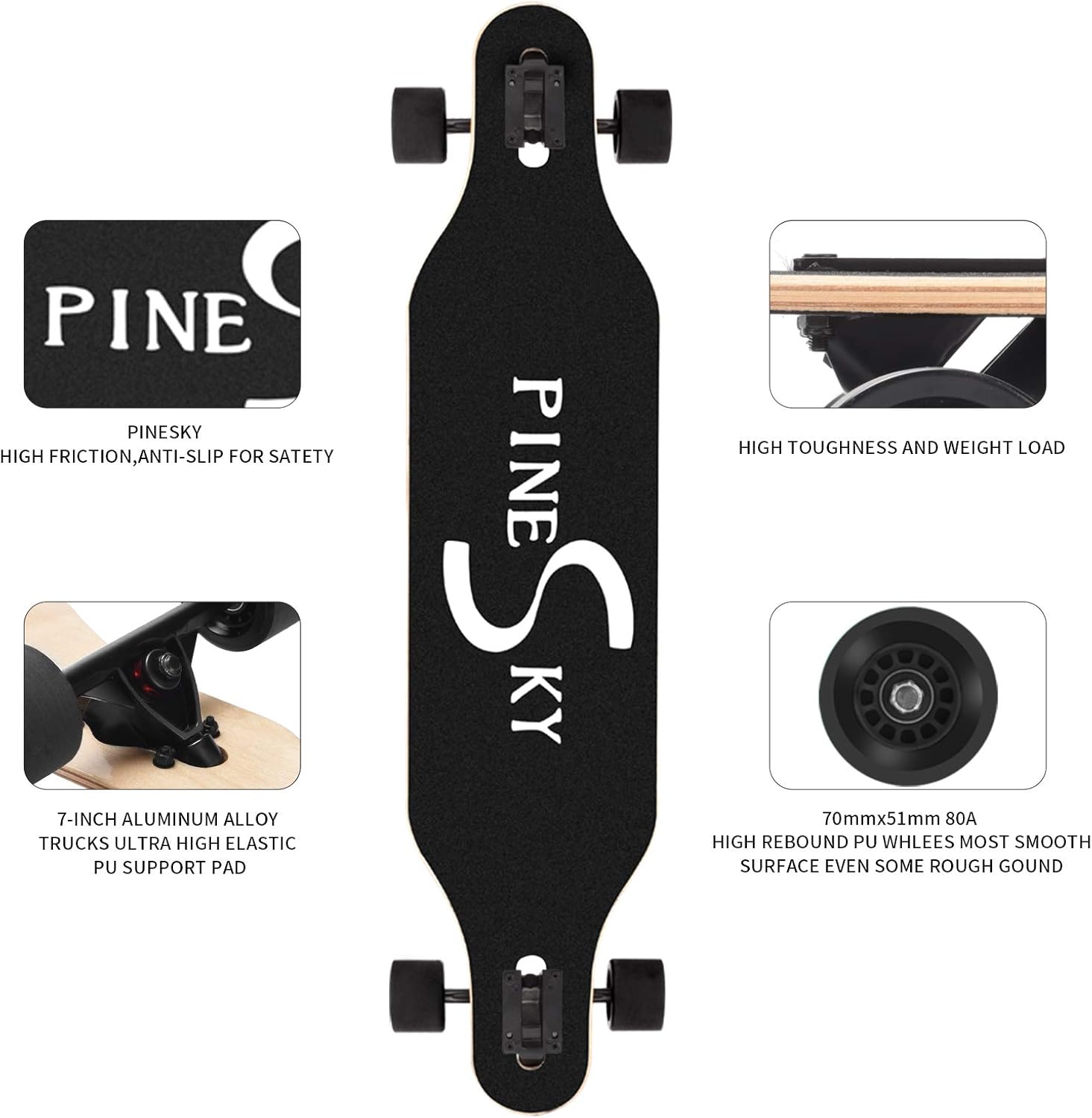 41 inch longboard skateboard 8 ply natural maple complete skateboard cruiser for cruising, carving, free-style and downhill with t-tool beacon