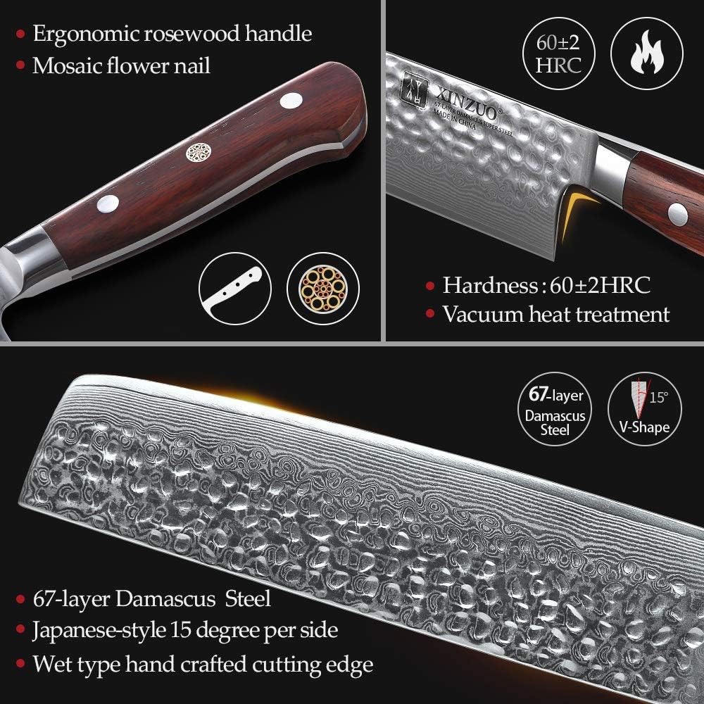 Meat Cleaver Knife, 7 inch Nakiri Knife Damascus Steel Stainlesss Steel Chinese Kitchen Knife Cleaver Cutting Meat Knife with Rosewood Handle