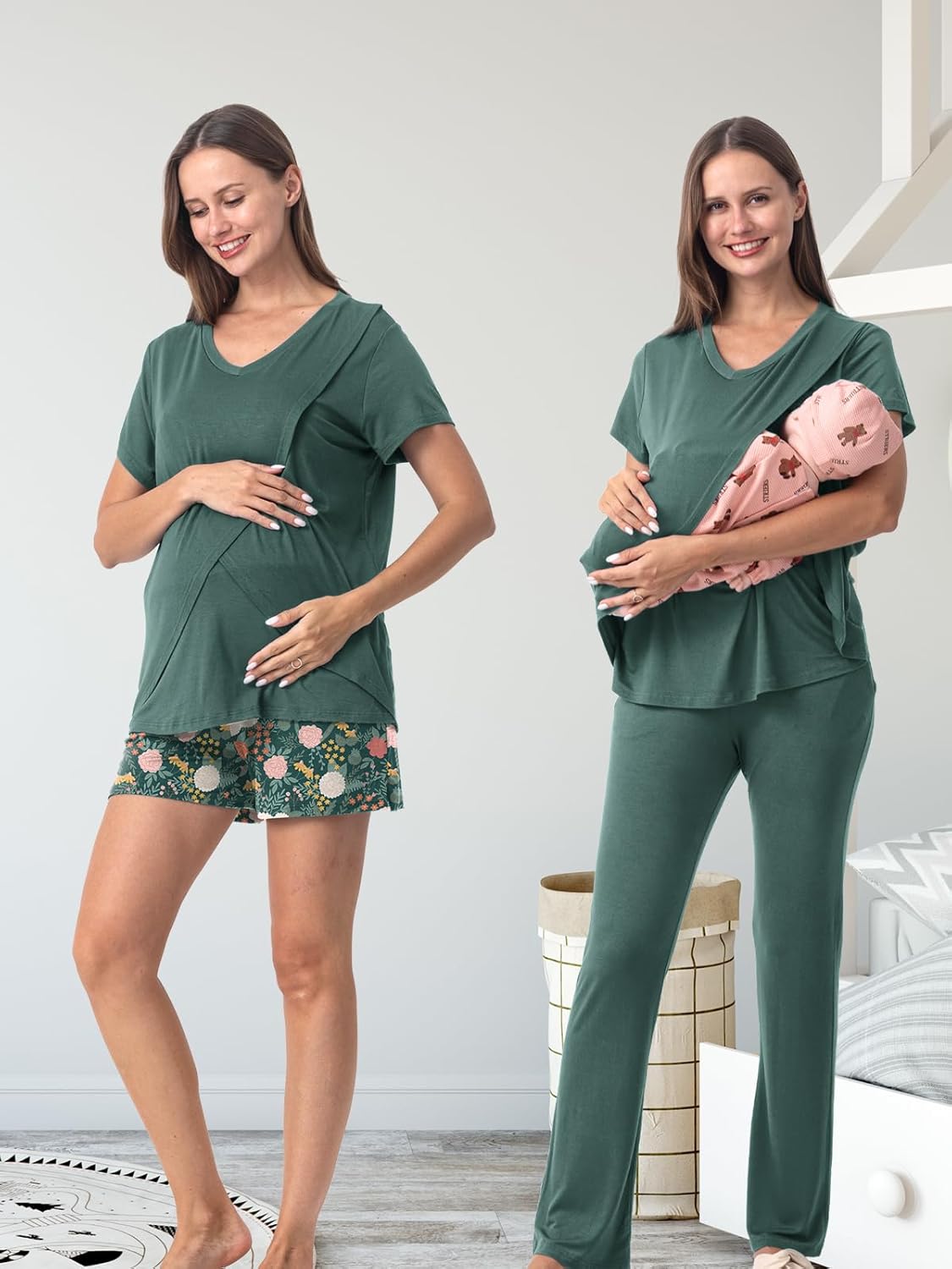 Rnxrbb 3 PCS Nursing Pajamas Set Postpartum Pjs Breastfeeding Sleepwear for Women Double Layer with Pockets
